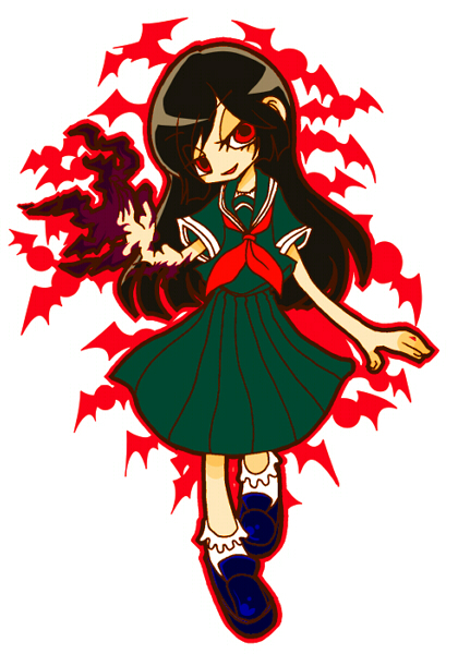 makoto (akunoyamiyamiman), kamura reiri, kaibutsu oujo, 1girl, bat (animal), black hair, female focus, flat color, long hair, red eyes, school uniform, simple background, solo, white background