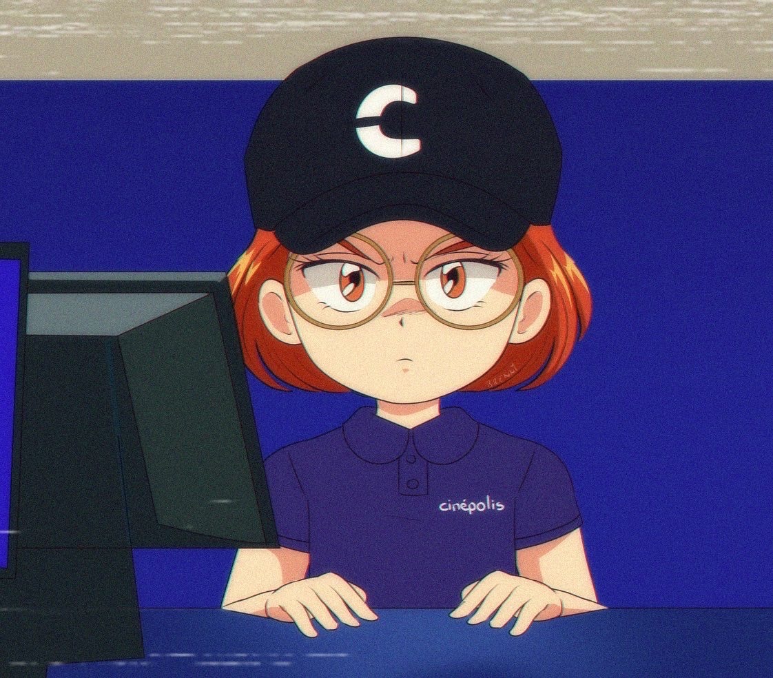 brenni murasaki, meilin lee, turning red, 1990s (style), 1girl, animification, blue shirt, frown, glasses, hat, looking at viewer, orange eyes, retro artstyle, shirt, short hair, solo, upper body