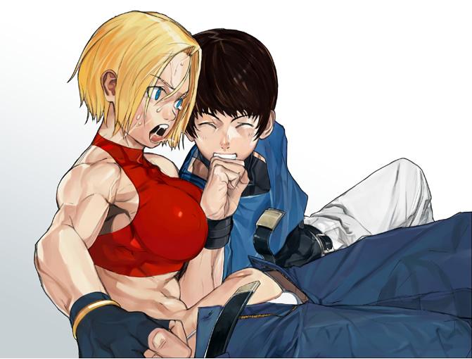 daigos the awfulian, blue mary, chris, snk, the king of fighters, 1boy, 1girl, abs, belt, blonde hair, blue eyes, breasts, brown hair, gradient background, impossible clothes, muscular, navel, open mouth, panties, pants, punching, short hair, underwear, wardrobe malfunction, white background