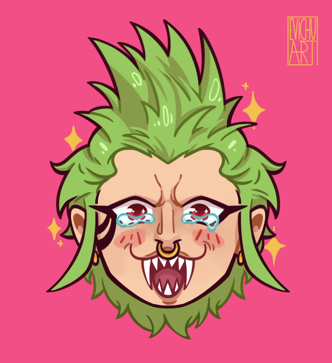 evichuart, bartolomeo, one piece, commentary, english commentary, highres, 1boy, chibi, green hair, happy tears, looking at viewer, male focus, pink background, portrait, sharp teeth, sidelocks, simple background, smile, solo, tears, teeth, watermark