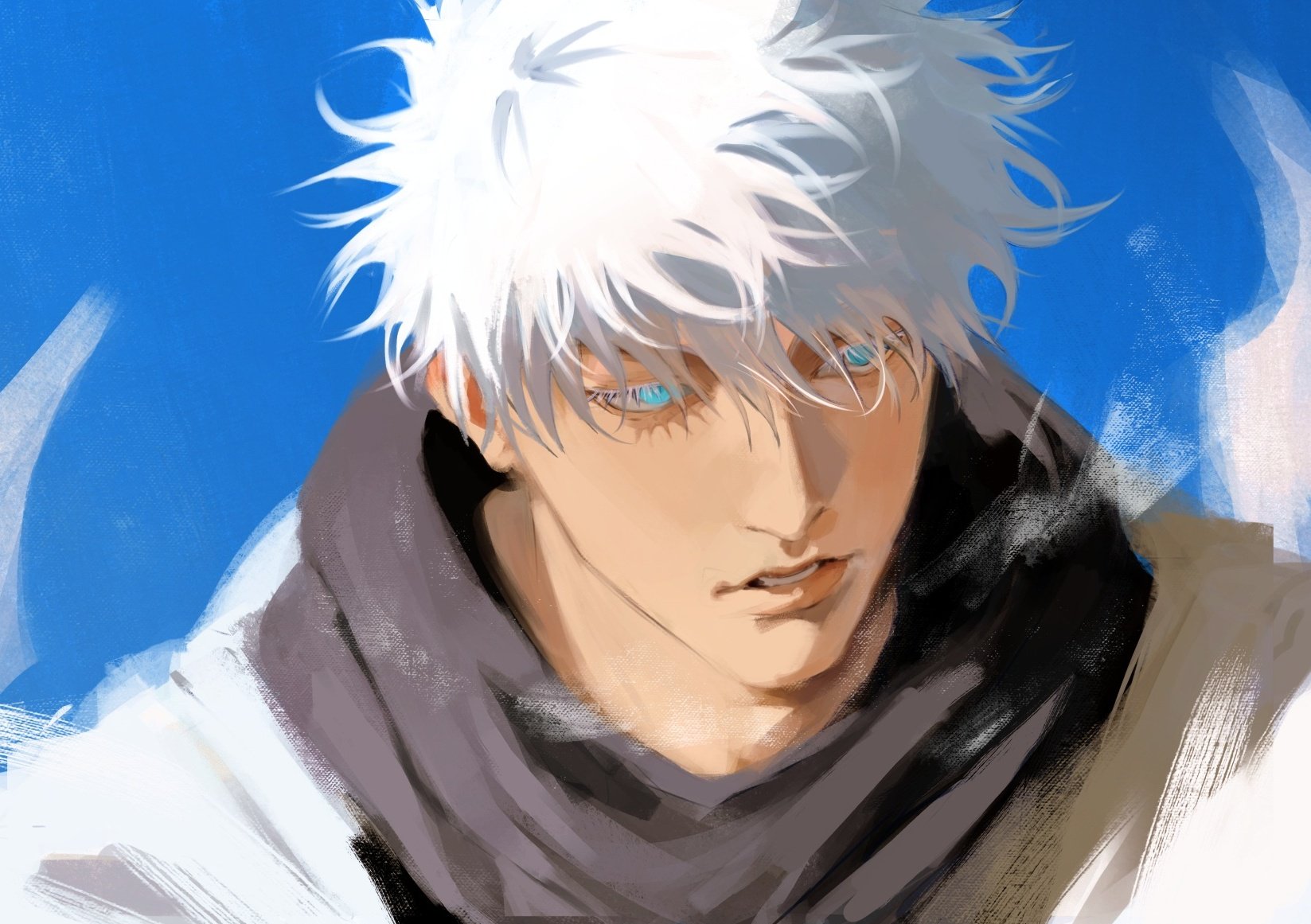 ndsoda, gojou satoru, jujutsu kaisen, highres, 1boy, blue background, blue eyes, colored eyelashes, eyelashes, lips, male focus, parted lips, portrait, short hair, simple background, solo, white eyelashes, white hair
