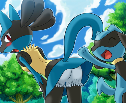 pokemoa, lucario, riolu, nintendo, pokemon, lowres, clothes lift, furry, gen 4 pokemon, pokemon (creature), skirt, skirt lift