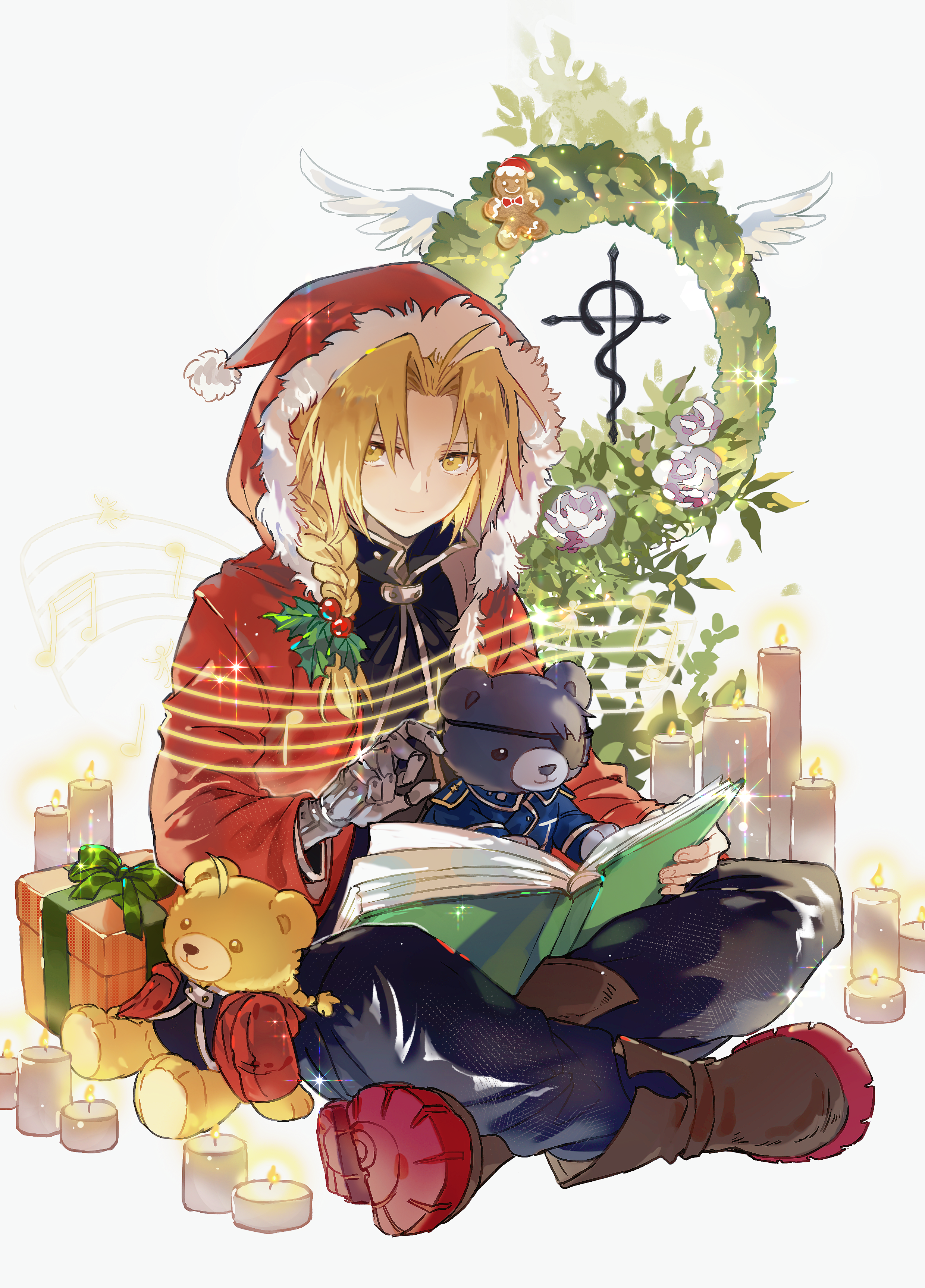 xue ezi, edward elric, fullmetal alchemist, absurdres, commentary request, highres, 1boy, black jacket, black pants, book, boots, braid, brown boots, candle, christmas, coat, collared jacket, fire, flower, full body, gift, hair ornament, hat, holding, holding book, holly hair ornament, jacket, lapels, leaf, long hair, looking to the side, male focus, musical staff, open book, open clothes, open coat, pants, parted hair, red coat, santa hat, sideways glance, single braid, sitting, solo, stuffed animal, stuffed toy, teddy bear, white background, white flower, wreath, yellow eyes
