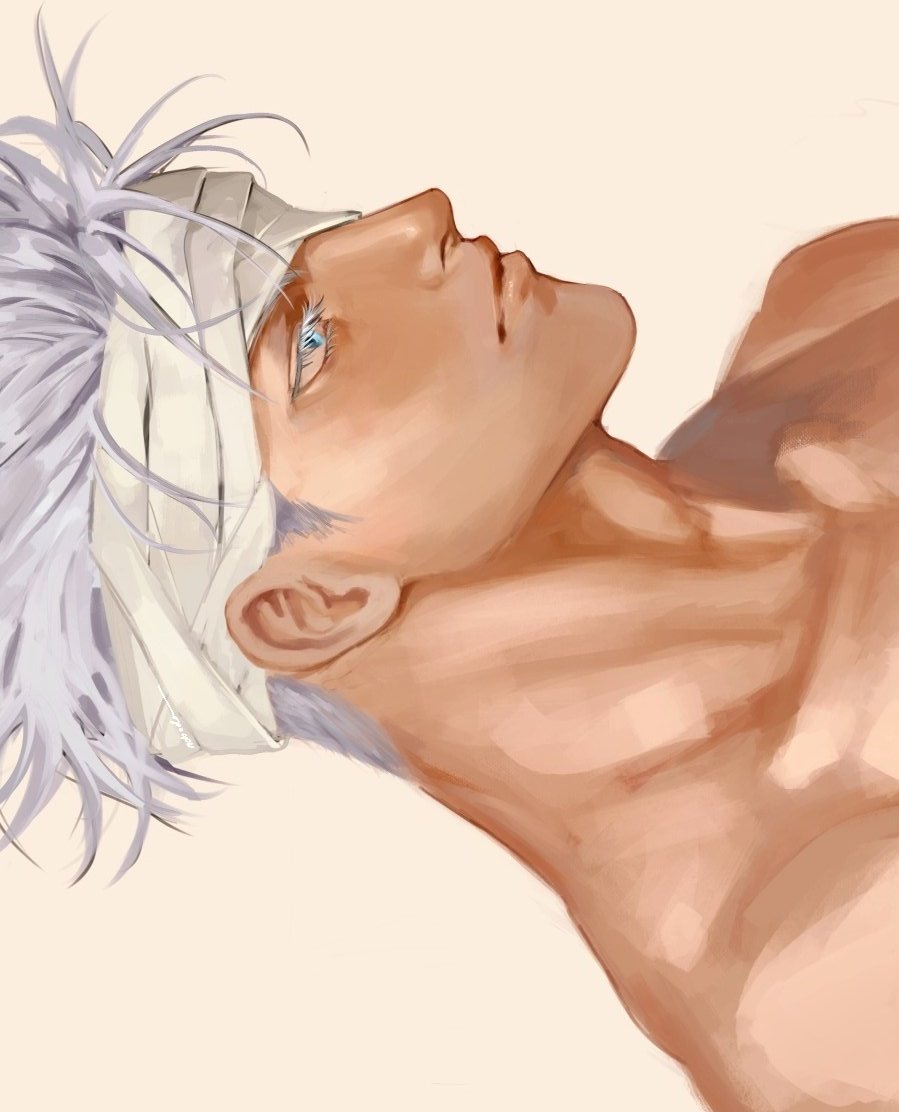 ndsoda, gojou satoru, jujutsu kaisen, 1boy, bandaged head, bandages, blue eyes, closed mouth, colored eyelashes, from side, lips, male focus, nose, nude, short hair, solo, undercut, white eyelashes, white hair