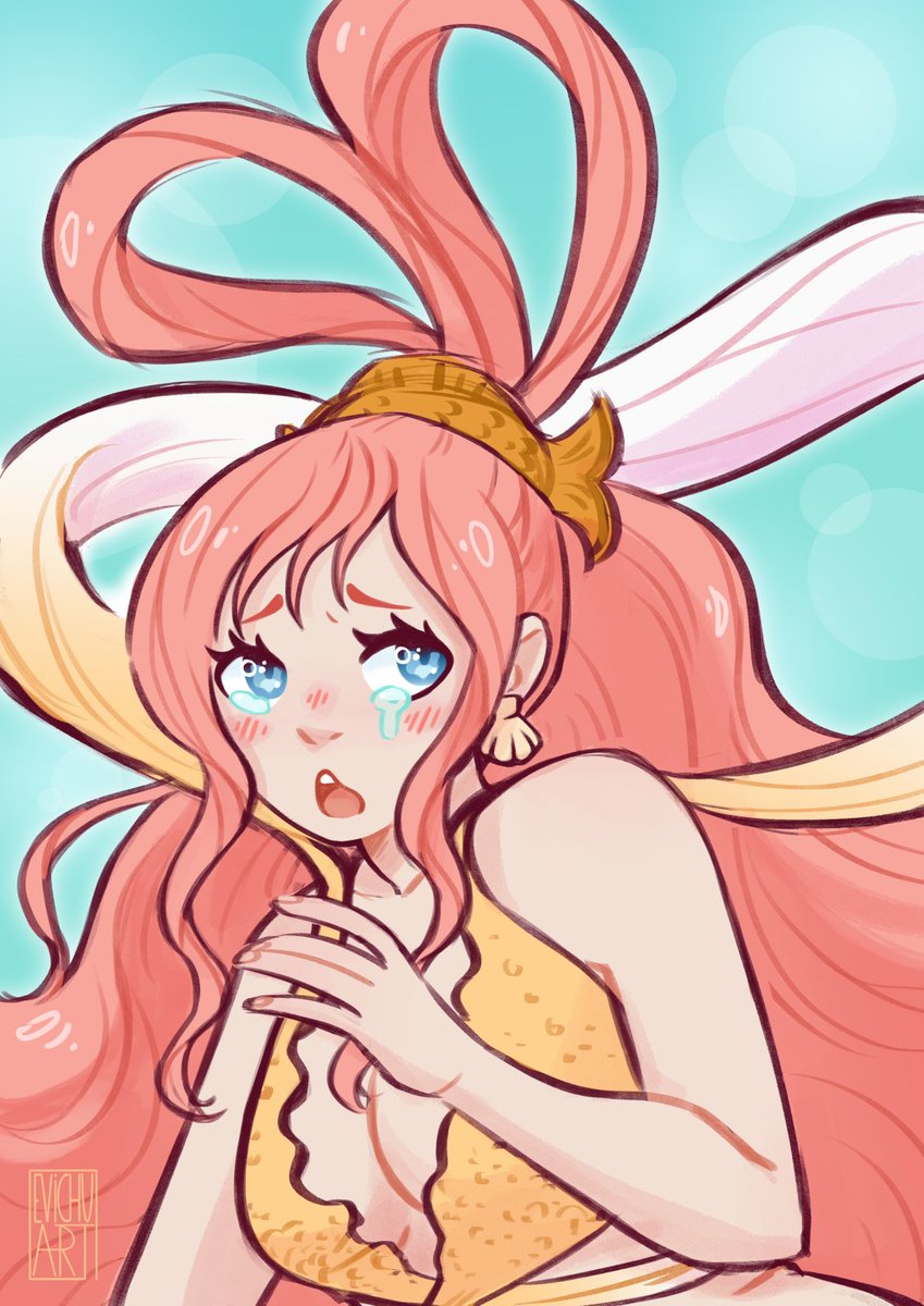 evichuart, shirahoshi, one piece, commentary, english commentary, highres, 1girl, bikini, blue eyes, blush, earrings, fish hair ornament, hagoromo, hair ornament, half updo, jewelry, long hair, open mouth, pink hair, shawl, shell, shell earrings, sidelocks, solo, swimsuit, tears, watermark, yellow bikini