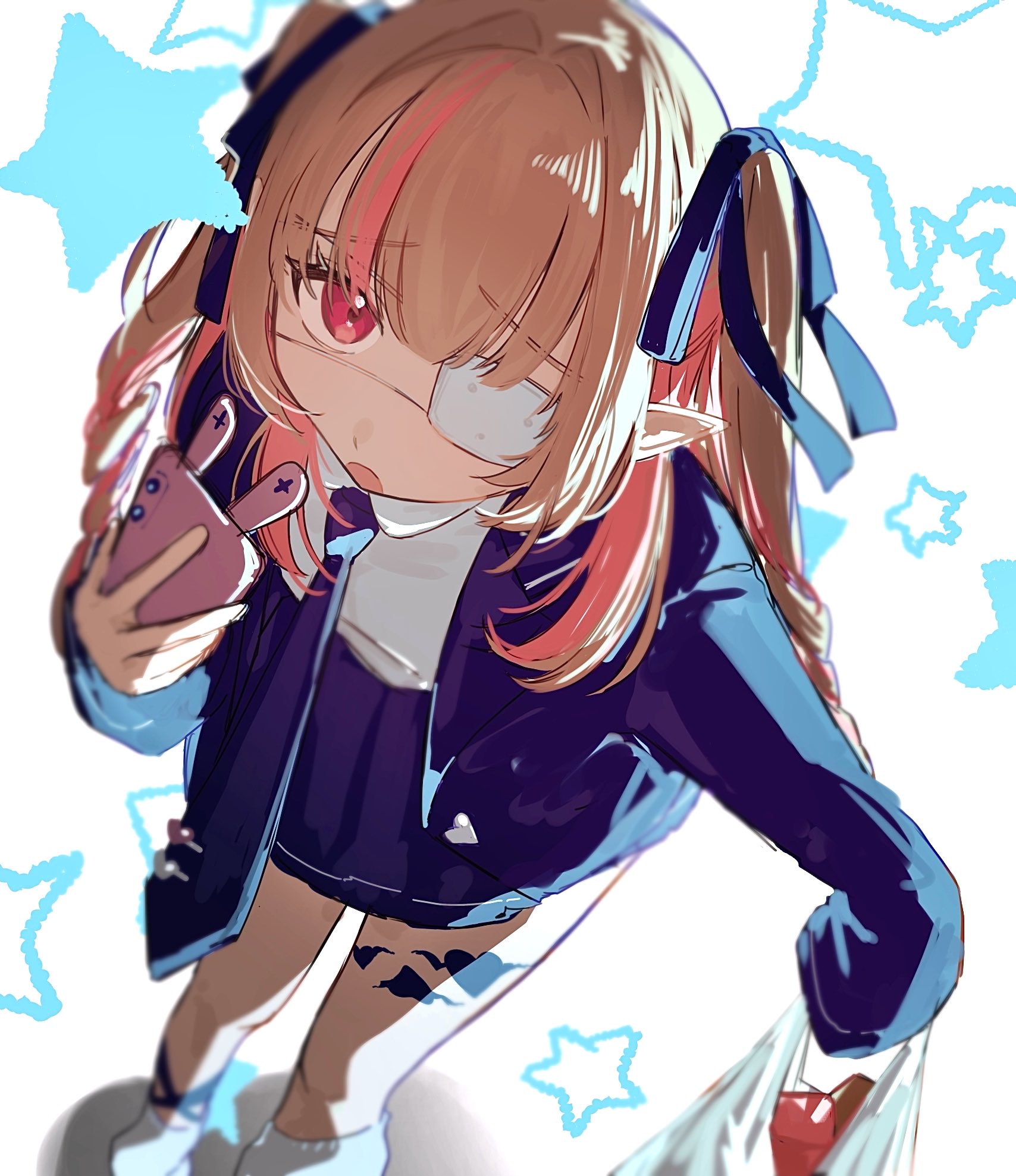 makaino ririmu, monitoring (vocaloid), nijisanji, hashtag-only commentary, highres, 1girl, :o, backlighting, bag, blazer, blue jacket, blue necktie, blue ribbon, blue skirt, cellphone, collared shirt, colored inner hair, drill hair, dutch angle, eyepatch, feet out of frame, from above, furrowed brow, grey hair, hair intakes, hair over shoulder, hair ribbon, heart, holding, holding bag, holding phone, jacket, lapels, leaning forward, leg ribbon, leg tattoo, long hair, long sleeves, looking at viewer, loose socks, medical eyepatch, miniskirt, multicolored hair, necktie, notched lapels, official alternate costume, official alternate hairstyle, open clothes, open jacket, phone, phone with ears, pink hair, pink streaks, plastic bag, pleated skirt, pointy ears, rabbit ear smartphone case, ragi (user dtvh7458), red eyes, ribbon, school uniform, shirt, shirt tucked in, shopping bag, sidelocks, skirt, sleeves past fingers, sleeves past wrists, smartphone, smartphone case, socks, solo, sparkle, standing, star (symbol), star symbol background, streaked hair, tattoo, tie clip, two-tone hair, two side up, upturned eyes, virtual youtuber, white background, white shirt, white socks, winged heart, winged heart tattoo