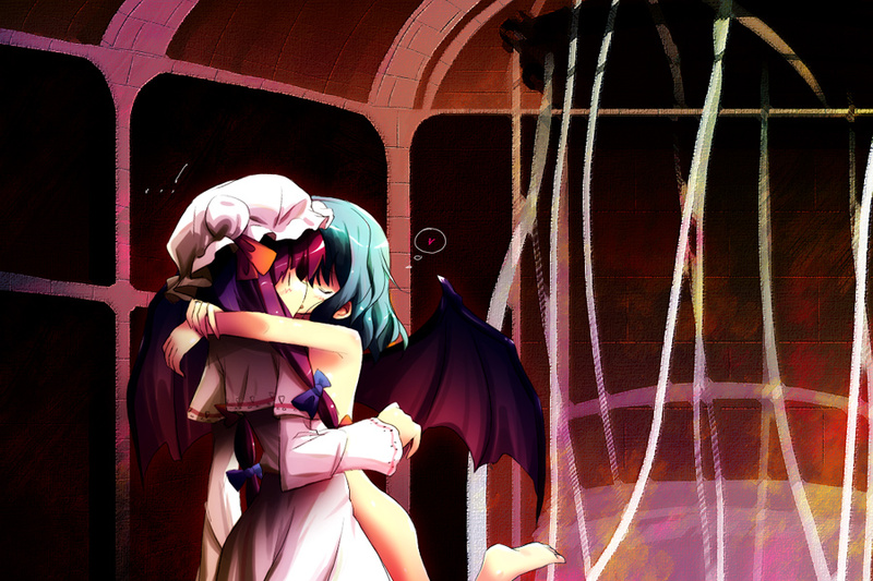 miles (artist), renee, patchouli knowledge, remilia scarlet, embodiment of scarlet devil, touhou, !, 2girls, bat wings, bed, closed eyes, clothed female nude female, female focus, hug, kiss, multiple girls, nude, surprised, wings, yuri