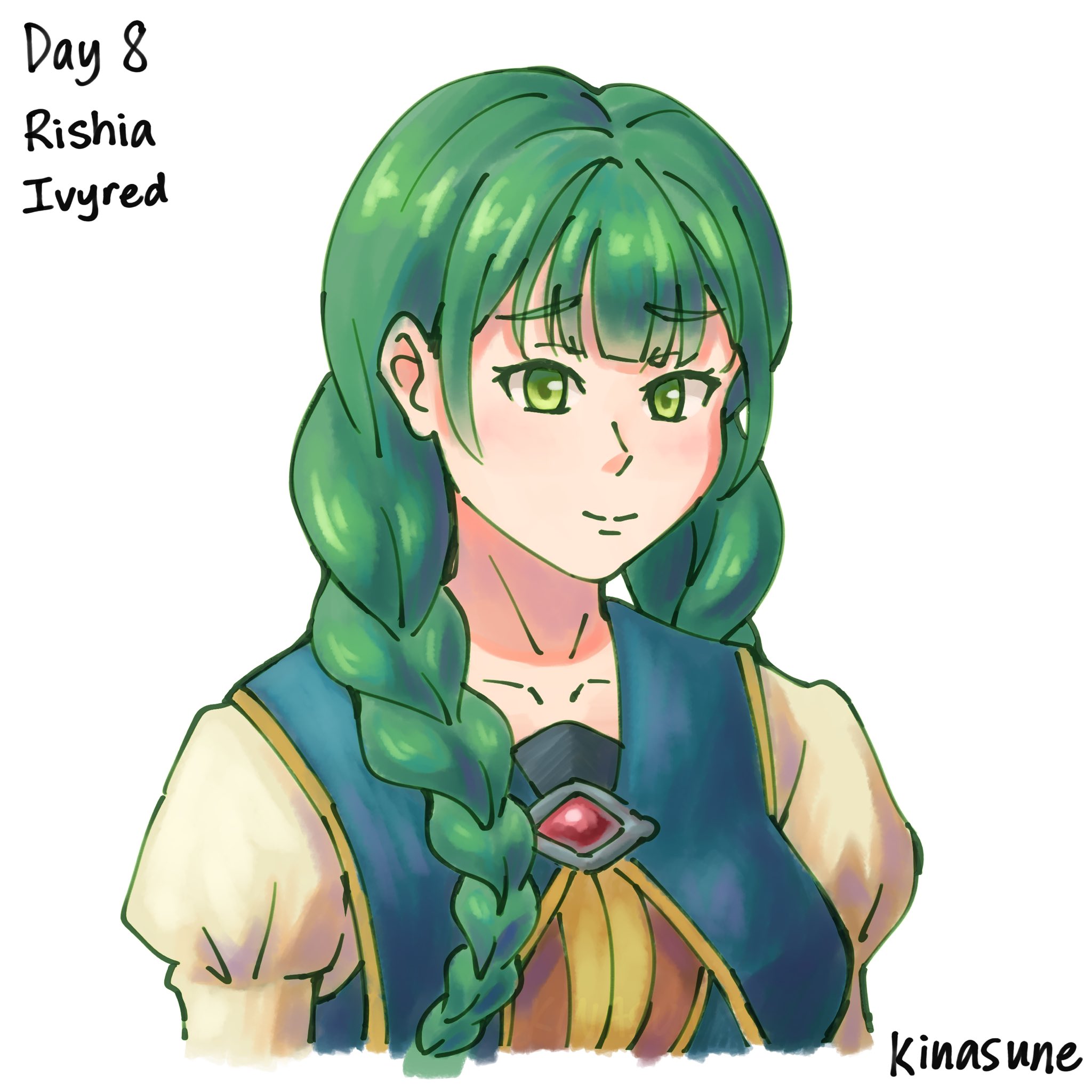 rishia ivyred, tate no yuusha no nariagari, commentary, english commentary, highres, 1girl, artist name, blunt bangs, braid, braided twintails, breasts, brown dress, character name, closed mouth, collarbone, cropped torso, dress, english text, green dress, green eyes, green hair, kinasune, layered dress, long hair, long sleeves, looking at viewer, medium breasts, multicolored dress, signature, simple background, smile, solo, upper body, white background, white dress