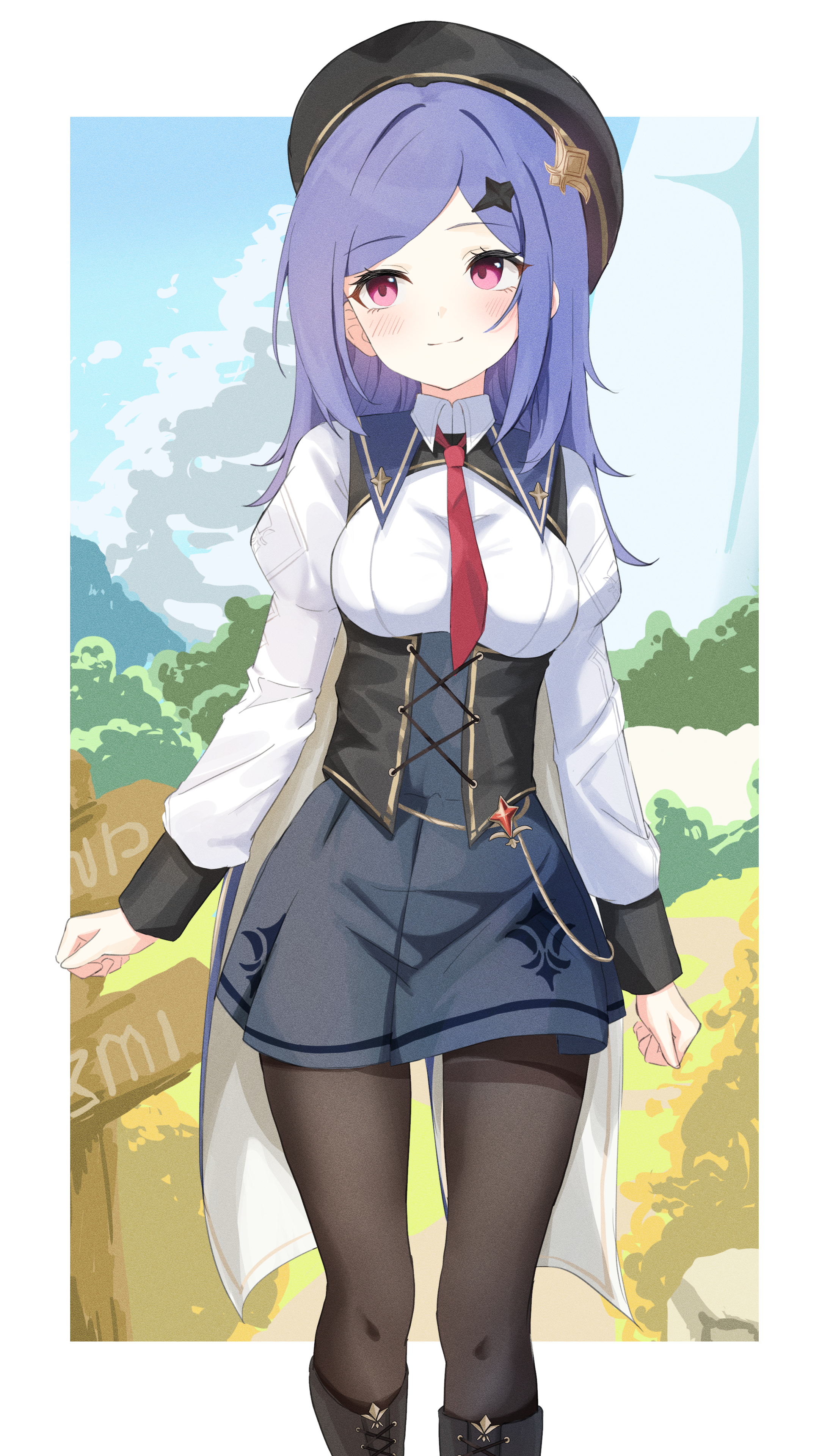 iris (stella sora), stella sora, absurdres, commentary request, highres, 1girl, beret, black corset, black hat, black pantyhose, breasts, corset, facing viewer, feet out of frame, hat, irhshs, long hair, long sleeves, looking to the side, necktie, pantyhose, purple hair, red eyes, red necktie, shirt, skirt, smile, solo, white shirt