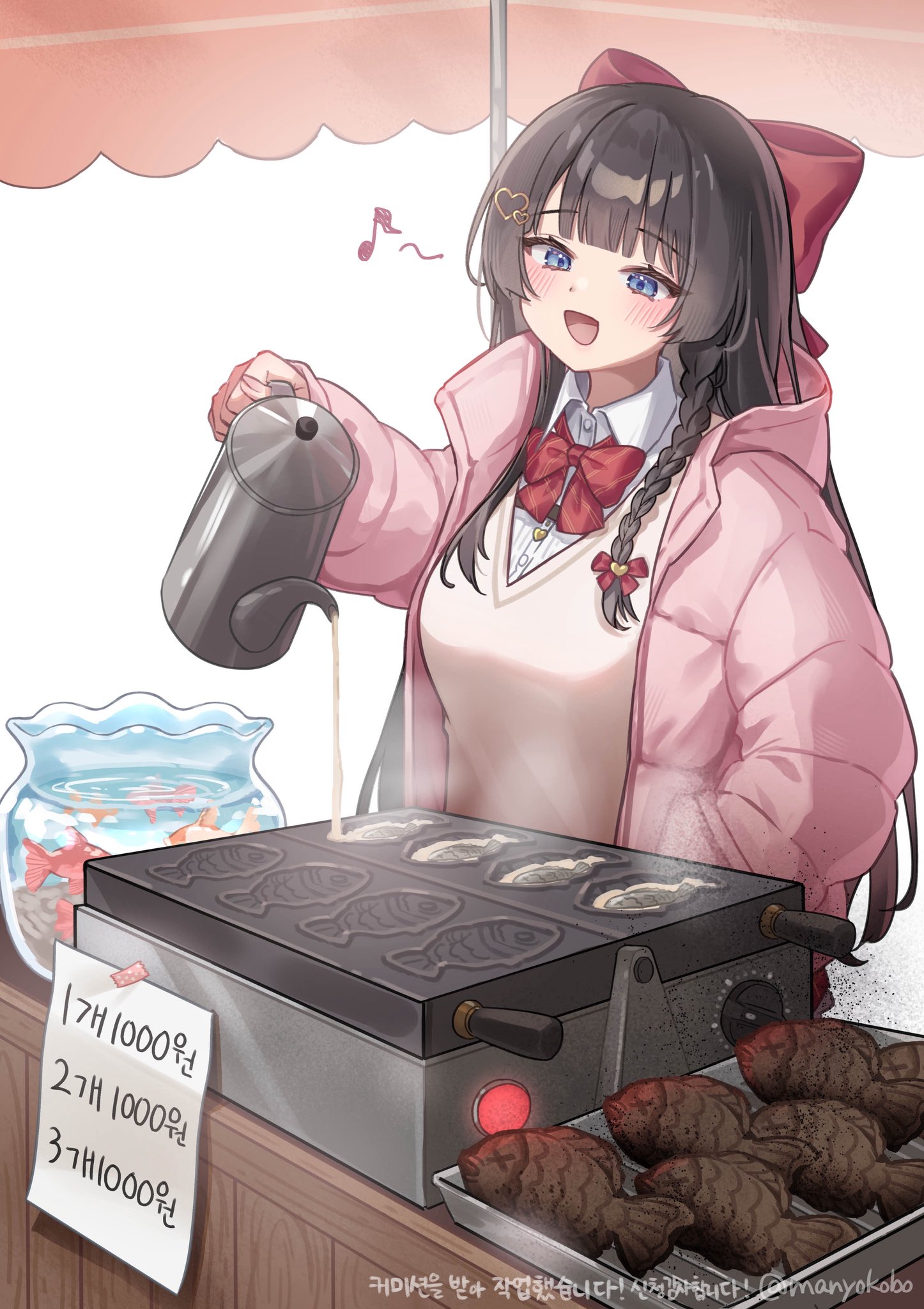 manyokobo, shirayuki hina, stellive, commentary, highres, symbol-only commentary, translation request, 1girl, :d, black hair, blue eyes, blush, bow, braid, brown sweater, coat, cooking, fishbowl, food, hair bow, hair ornament, hand in pocket, heart, heart hair ornament, holding, holding kettle, kettle, korean text, long hair, long sleeves, musical note, open clothes, open coat, open mouth, pink coat, pouring, price, red bow, slice of life, smile, solo, steam, sweater, taiyaki, twitter username, virtual youtuber, wagashi, water, wing collar, winter clothes, winter coat, wispy bangs