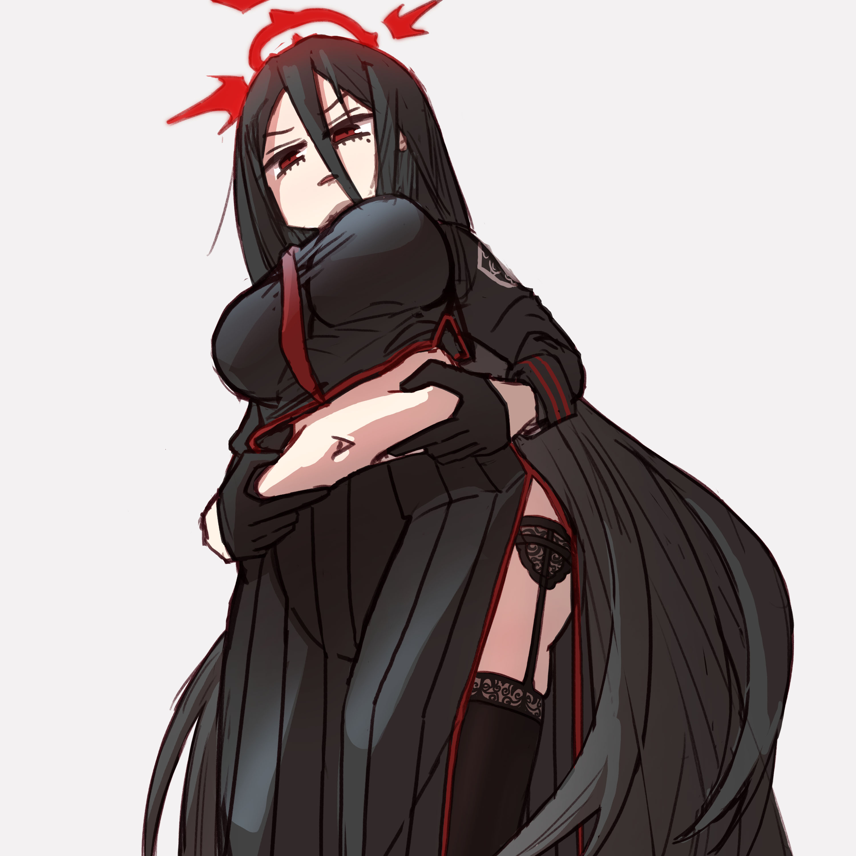 hasumi (blue archive), blue archive, absurdres, chinese commentary, commentary request, highres, 1girl, black gloves, black hair, black thighhighs, from below, gloves, grabbing own stomach, grey background, halo, long hair, long sleeves, mole, mole under mouth, open mouth, plump, red eyes, red halo, solo, thighhighs, very long hair, weight conscious