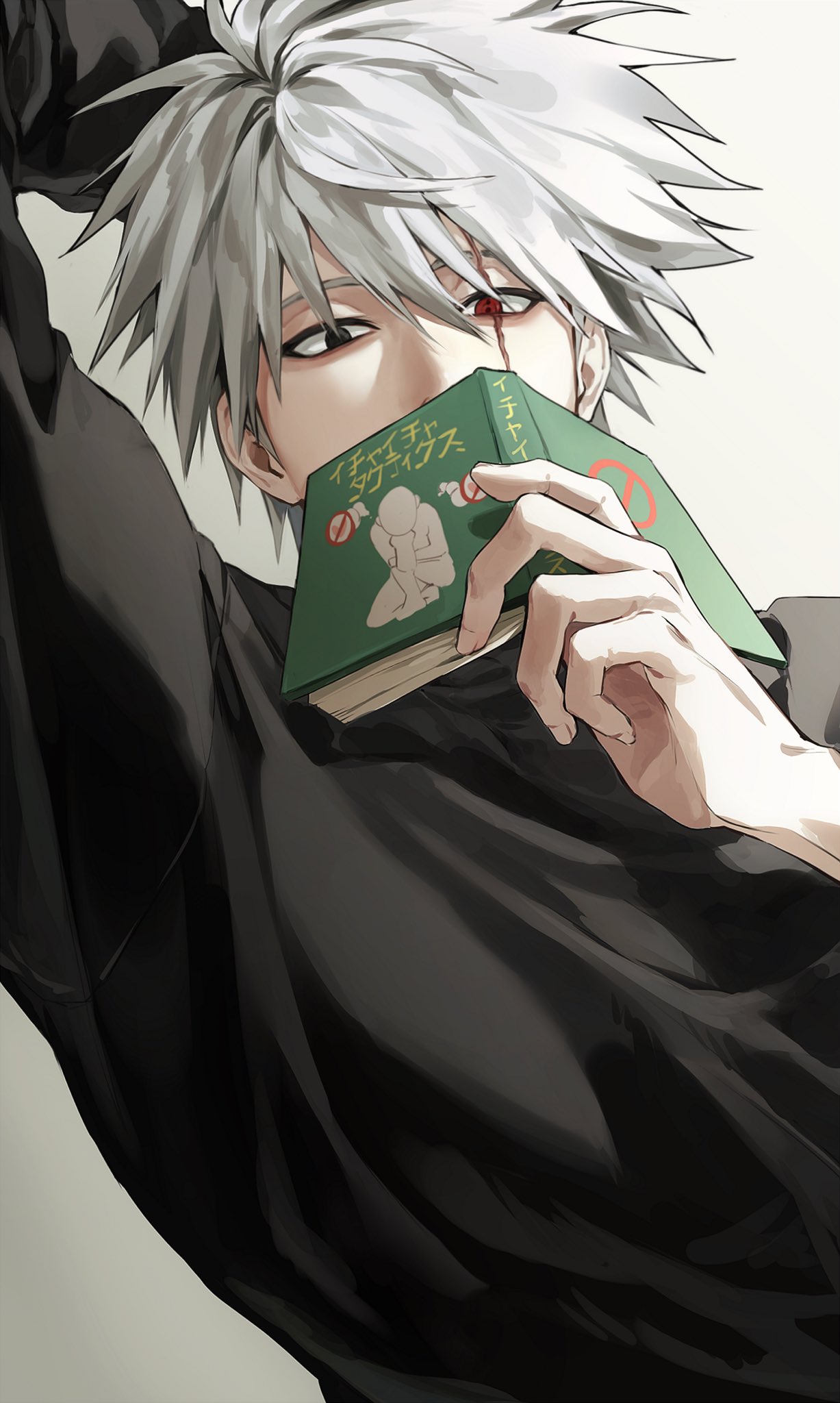 hatake kakashi, naruto (series), commentary request, highres, korean commentary, 1boy, arm up, bbangnya, black eyes, black shirt, book, grey hair, heterochromia, holding, holding book, icha icha (naruto), looking at viewer, male focus, no mask, red eyes, scar, scar across eye, scar on face, sharingan, shirt, short hair, solo, upper body