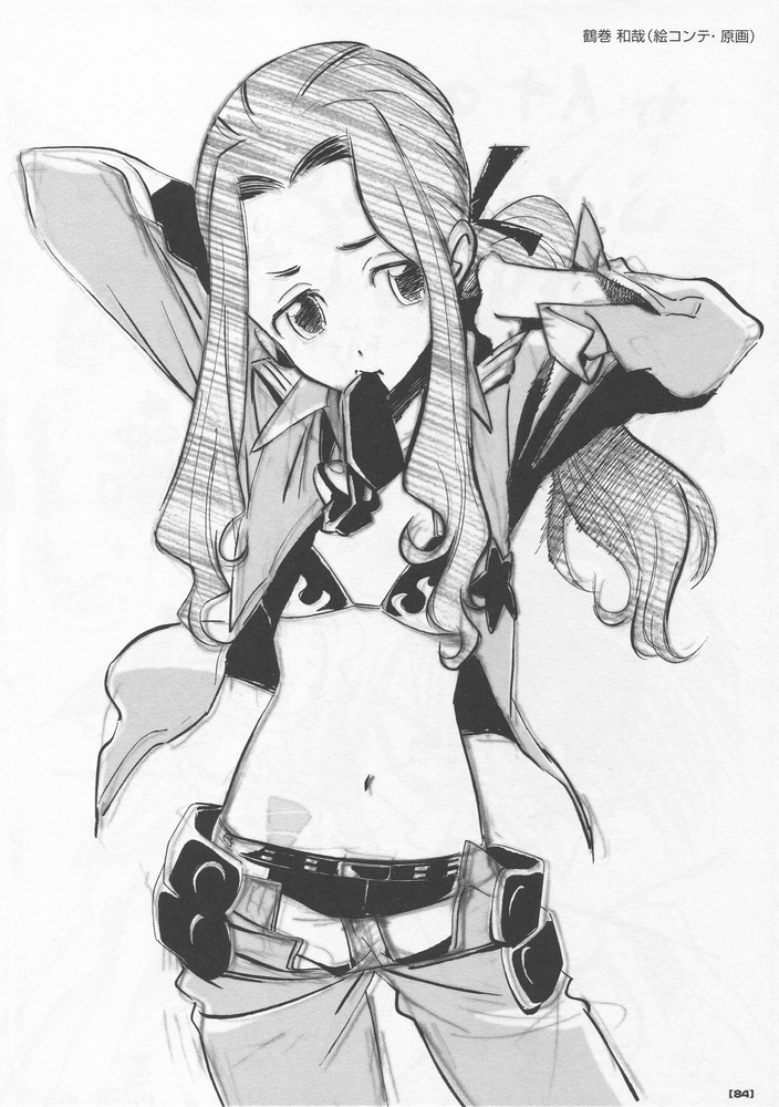 tsurumaki kazuya, darry adai, yoko littner, tengen toppa gurren lagann, official art, scan, 1girl, alternate costume, bikini, bikini under clothes, cosplay, female focus, greyscale, midriff, monochrome, open clothes, solo, swimsuit, yoko littner (cosplay)