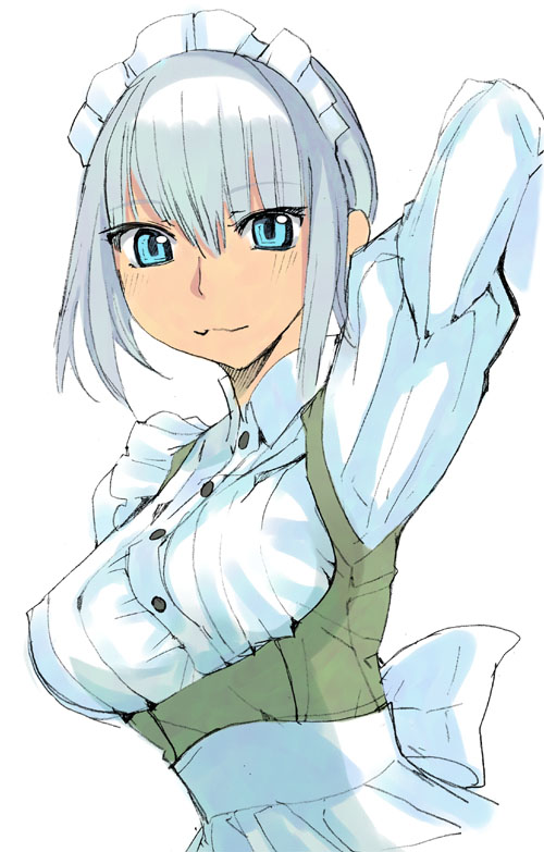robina, original, silver hair, 1girl, aqua eyes, arm up, female focus, maid, maid headdress, short hair, simple background, solo