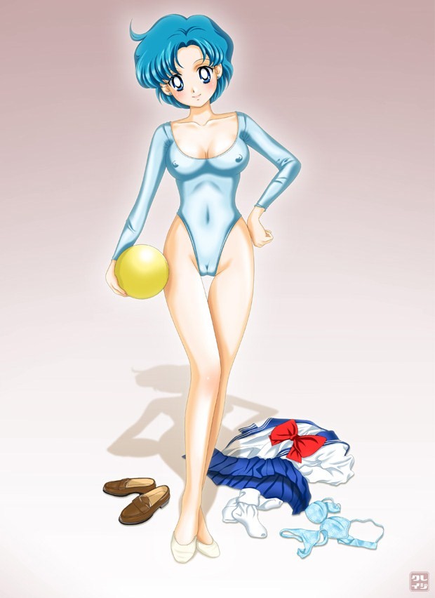mizuno ami, bishoujo senshi sailor moon, 1990s (style), ball, blue eyes, blue hair, blush, bra, breasts, cameltoe, cleavage, clothes on floor, covered erect nipples, gymnastics, leotard, lingerie, nipples, panties, retro artstyle, rhythmic gymnastics, school uniform, short hair, skin tight, smile, underwear