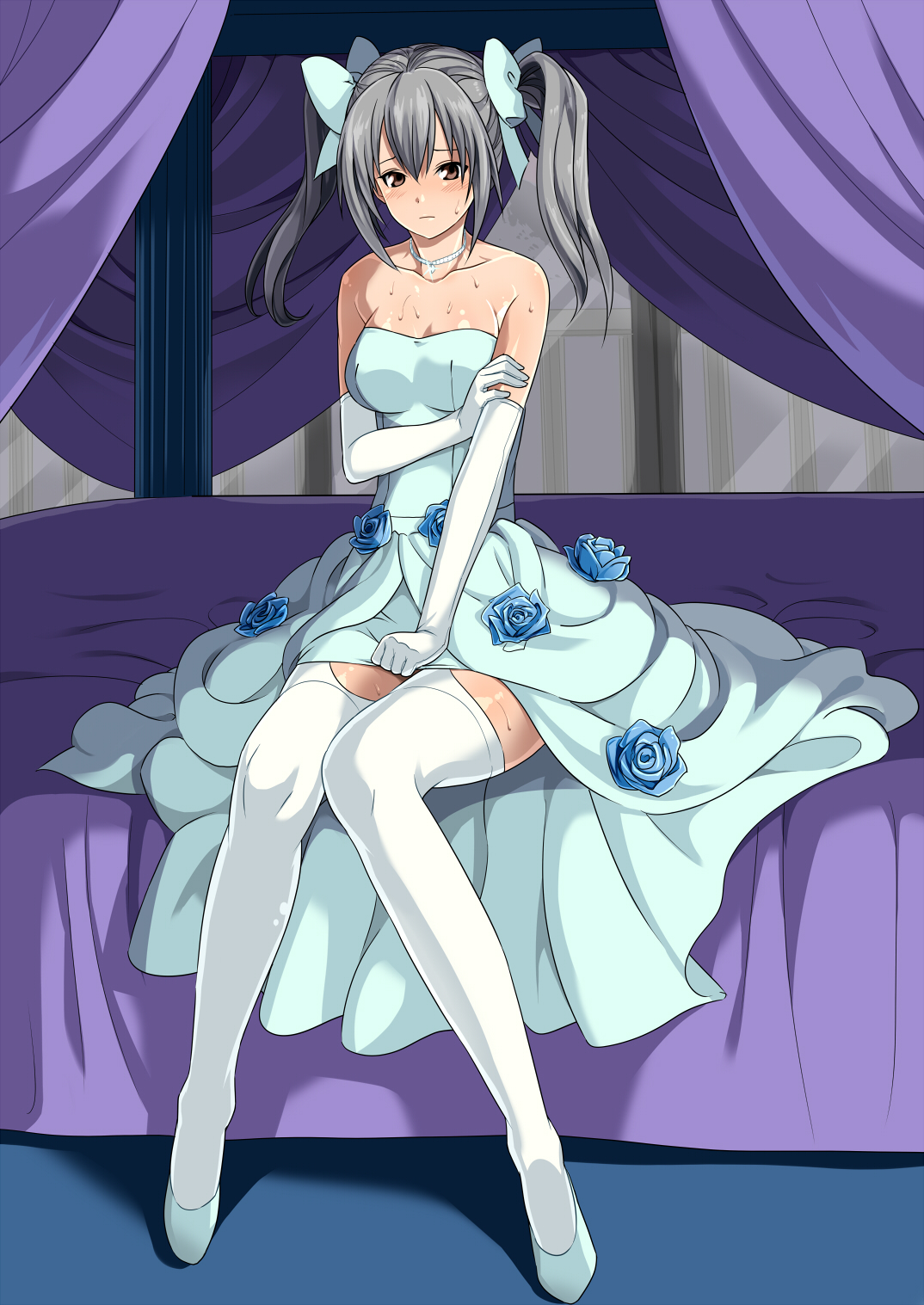 shin'ya (shin'yanchi), edy nelson, senjou no valkyria, senjou no valkyria (series), senjou no valkyria 1, highres, 00s, 1girl, bare shoulders, bed, blush, breasts, bride, brown eyes, cleavage, dress, elbow gloves, female focus, flower, gloves, grey hair, hair ribbon, jewelry, large breasts, legs, long hair, long legs, necklace, ribbon, sitting, solo, strapless, strapless dress, sweat, thighhighs, thighs, twintails, wedding dress, white thighhighs, zettai ryouiki