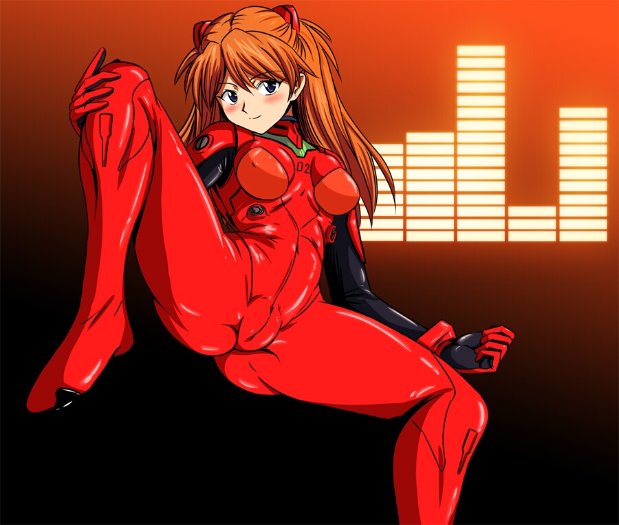 souryuu asuka langley, neon genesis evangelion, artist request, 1girl, ass, blush, bodysuit, cameltoe, covered erect nipples, curvy, female focus, legs apart, looking at viewer, mecha pilot suit, nipples, plugsuit (evangelion), red bodysuit, smile, solo, spread legs, wide hips