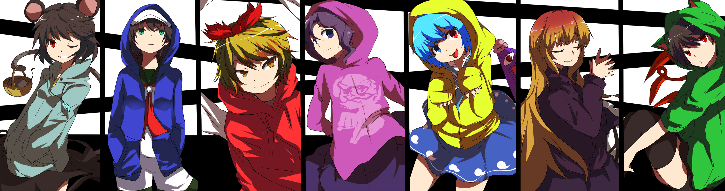 pun2, hijiri byakuren, houjuu nue, kumoi ichirin, murasa minamitsu, nazrin, tatara kogasa, toramaru shou, unzan, touhou, undefined fantastic object, bad id, bad pixiv id, highres, long image, wide image, 6+girls, alternate costume, column lineup, contemporary, heterochromia, high contrast, hood, hoodie, multiple girls
