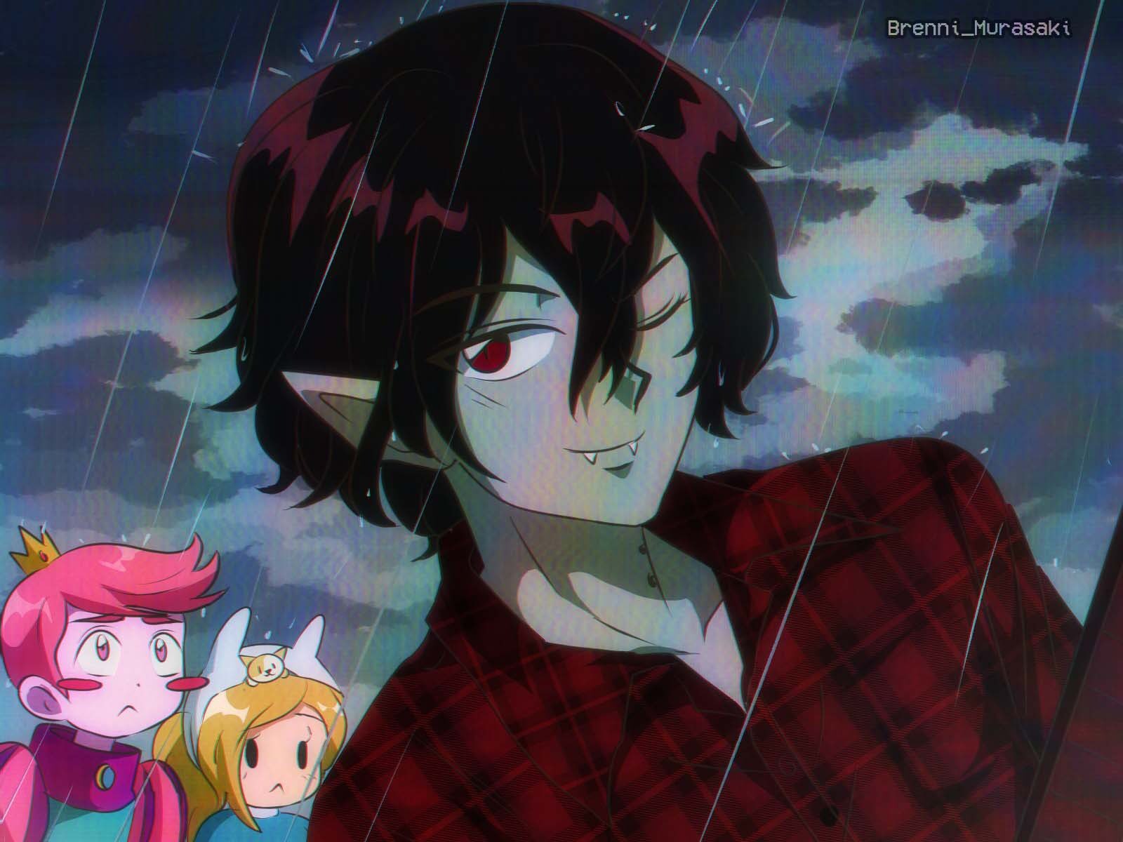 brenni murasaki, cake the cat, fionna campbell, marshall lee, prince gumball, adventure time, adventure time: fionna and cake, clip studio paint (medium), highres, 1990s (style), 2boys, 2girls, animification, black hair, blonde hair, colored skin, genderswap, grey skin, looking at viewer, multiple boys, multiple girls, pink hair, retro artstyle, shirt, short hair, vampire