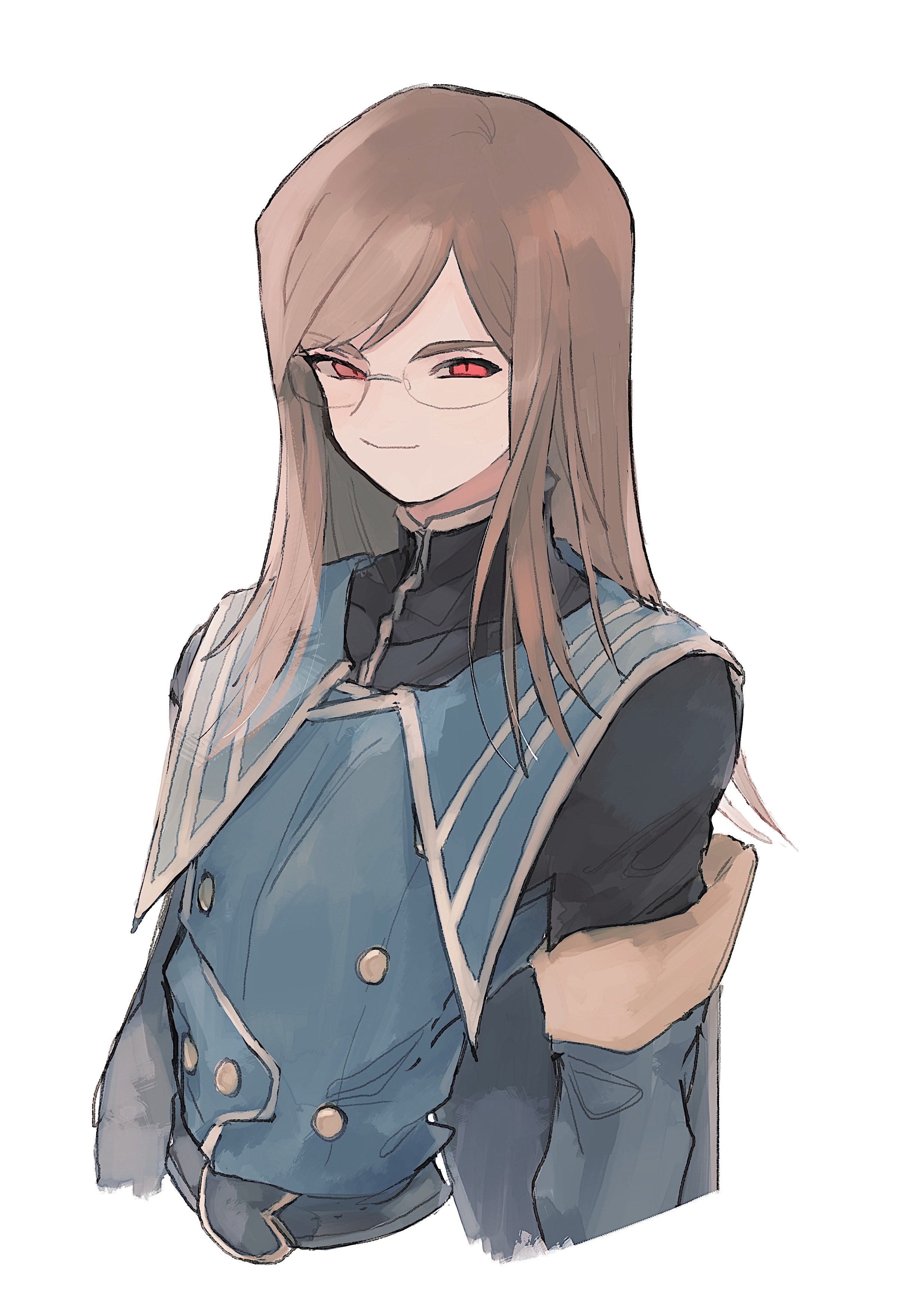 nancykittyu, jade curtiss, tales of (series), tales of the abyss, absurdres, highres, 1boy, brown hair, buttons, closed mouth, cropped arms, cropped torso, double-breasted, glasses, gloves, long hair, long sleeves, looking at viewer, male focus, red eyes, simple background, slit pupils, smile, smug, solo, white background