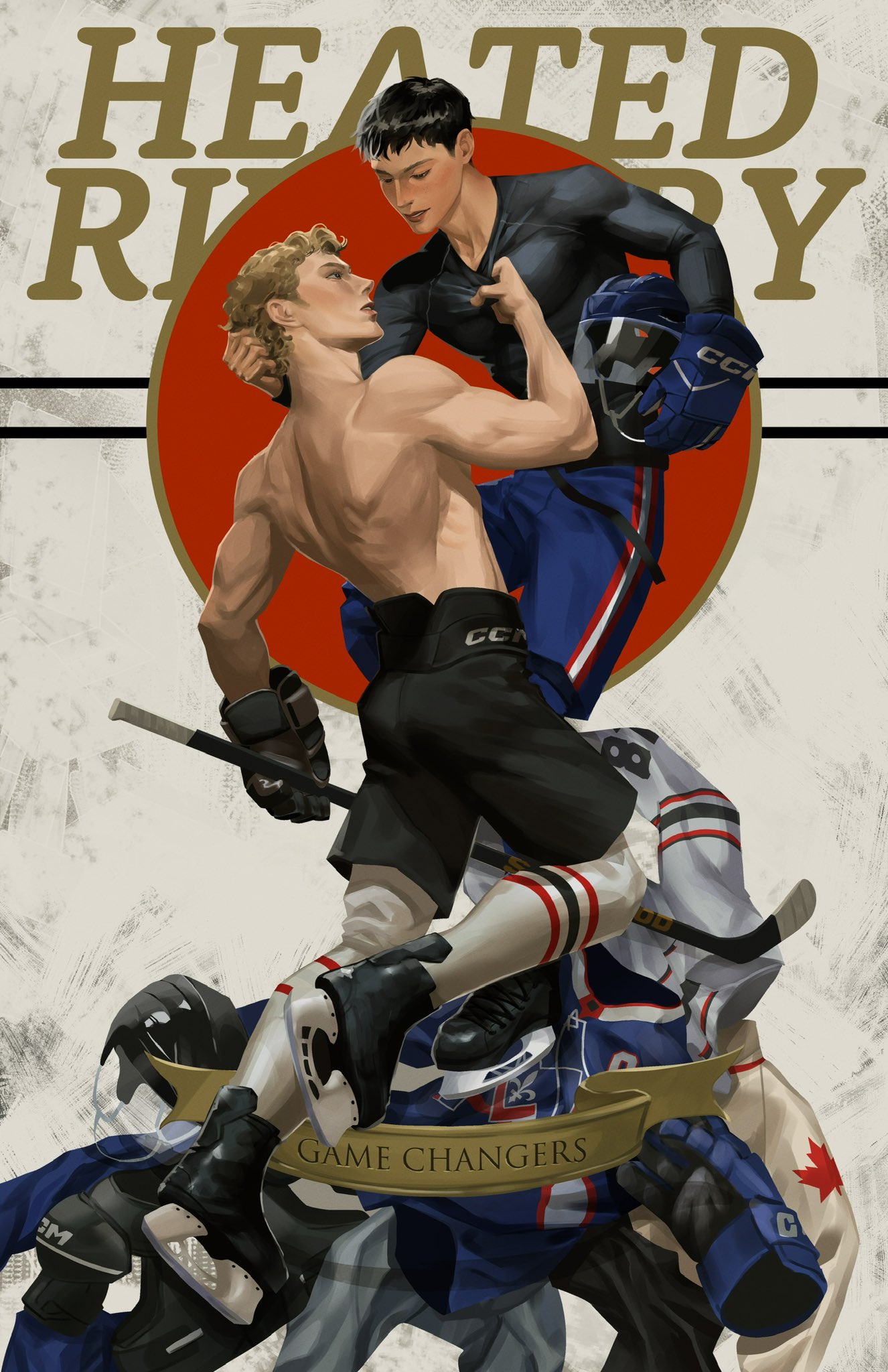 explodikid, commentary, highres, symbol-only commentary, 2boys, black hair, black pants, black shirt, blue pants, closed mouth, clothes grab, copyright name, covered pectorals, english text, grabbing another's shirt, heated rivalry, helmet, hockey gloves, hockey stick, hockey sweater, holding, holding hockey stick, holding unworn helmet, ice skates, ilya rozanov, j. c. leyendecker (style), long sleeves, male focus, multiple boys, pants, pectorals, shane hollander, shirt, skates, socks, topless male, unworn clothes, unworn headwear, unworn helmet, white socks, yaoi