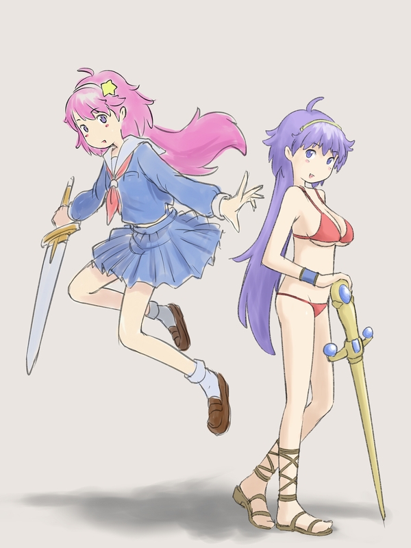 eau, asamiya athena, princess athena, athena (series), snk, the king of fighters, 2girls, bikini, black serafuku, gladiator sandals, hair ornament, headband, multiple girls, red bikini, sandals, school uniform, serafuku, star (symbol), star hair ornament, swimsuit, sword, weapon