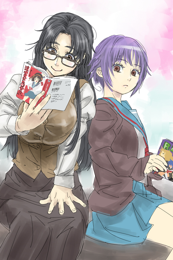 kishizuka kenji, nagato yuki, yomiko readman, read or die, suzumiya haruhi no yuuutsu, 00s, 2girls, black hair, book, breasts, brown eyes, crossover, glasses, large breasts, long hair, meta, multiple girls, open book, purple hair, reading, school uniform, serafuku, short hair, trait connection