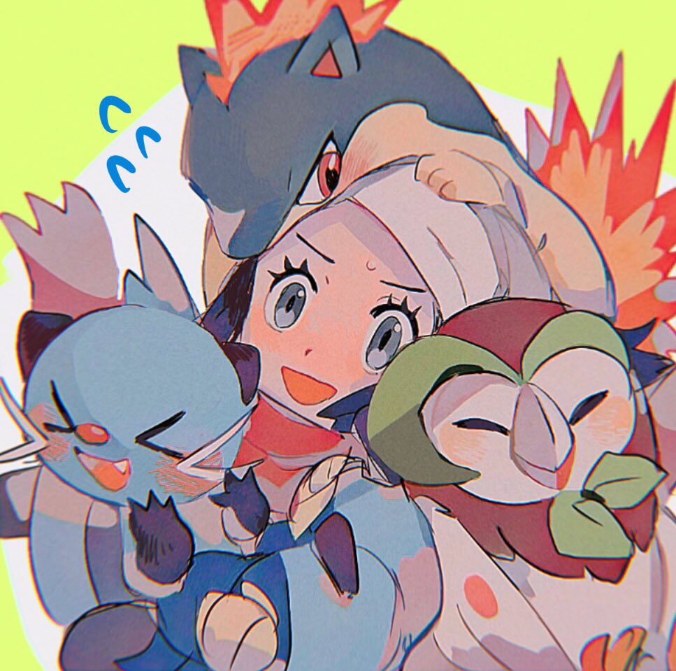 hinann bot, akari (pokemon), dartrix, dewott, quilava, nintendo, pokemon, pokemon legends: arceus, 1girl, blue hair, blush, fire, gen 2 pokemon, gen 5 pokemon, gen 7 pokemon, green background, grey eyes