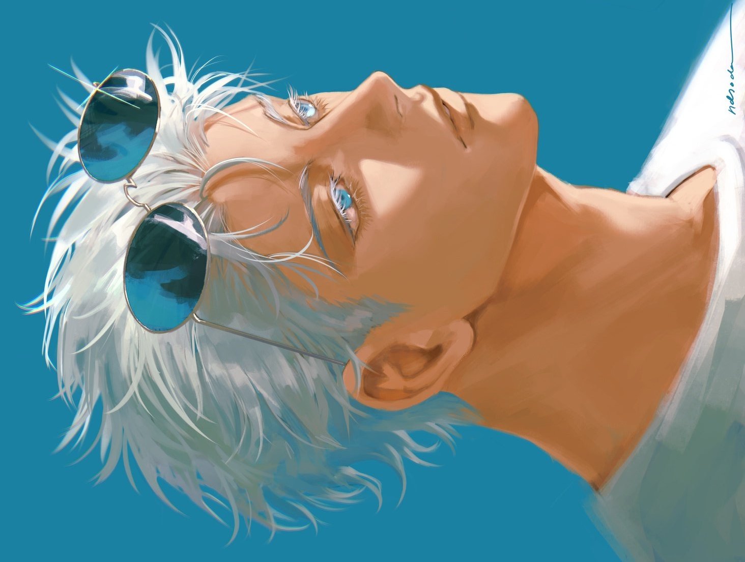 ndsoda, gojou satoru, jujutsu kaisen, hashtag-only commentary, 1boy, blue background, blue eyes, colored eyelashes, eyewear on head, lips, male focus, nose, round eyewear, shirt, short hair, sideways, signature, simple background, solo, white eyelashes, white hair, white shirt