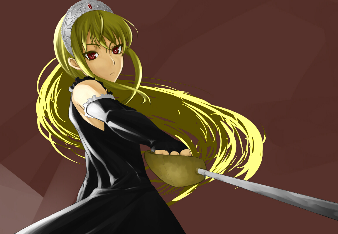 tef, hime (kaibutsu oujo), kaibutsu oujo, 1girl, blonde hair, bridal gauntlets, female focus, from below, long hair, red eyes, solo, sword, tiara, weapon
