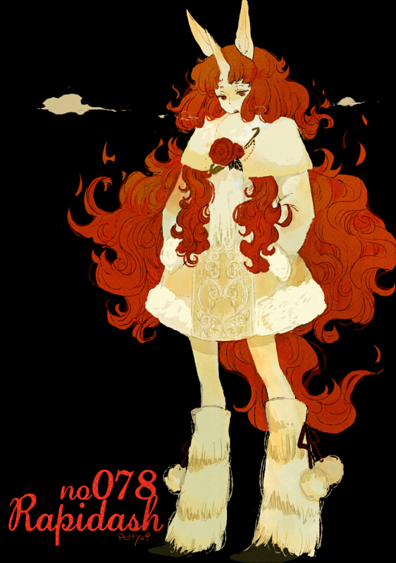 l hakase, rapidash, nintendo, pokemon, fur, bad id, bad pixiv id, fiery hair, fire, gen 1 pokemon, horns, long hair, personification, red eyes, very long hair