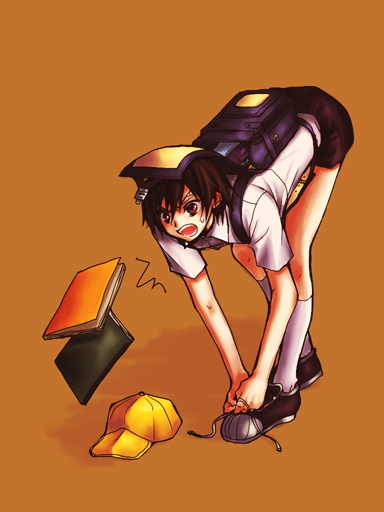 mecco, lelouch vi britannia, code geass, 1boy, backpack, bag, bent over, black hair, braid, failure, full body, hat, male focus, orange background, pencil skirt, randoseru, shoes, single braid, skirt, solo