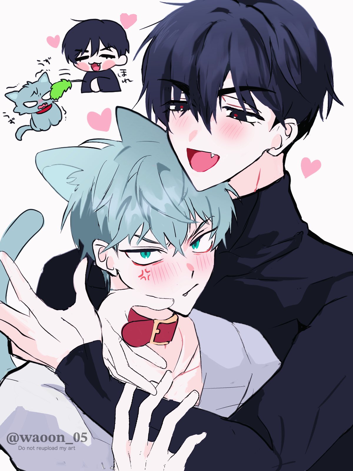 wa (waoon 05), ivan (alien stage), till (alien stage), alien stage, commentary, highres, symbol-only commentary, 2boys, :/, :d, anger vein, animal, animal ears, animalization, belt collar, black hair, black shirt, blue eyes, blue hair, blush stickers, cat, cat boy, cat ears, cat tail, cat teaser, closed mouth, collar, fang, grey shirt, heart, holding, holding cat teaser, long sleeves, male focus, multiple boys, open mouth, person and animalization, red collar, sanpaku, shirt, short hair, smile, tail, tongue, triangle mouth, turtleneck, watermark, white background, yaoi