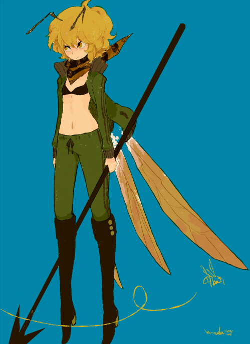 l hakase, bad id, bad pixiv id, antennae, blonde hair, boots, midriff, polearm, solo, weapon, wings