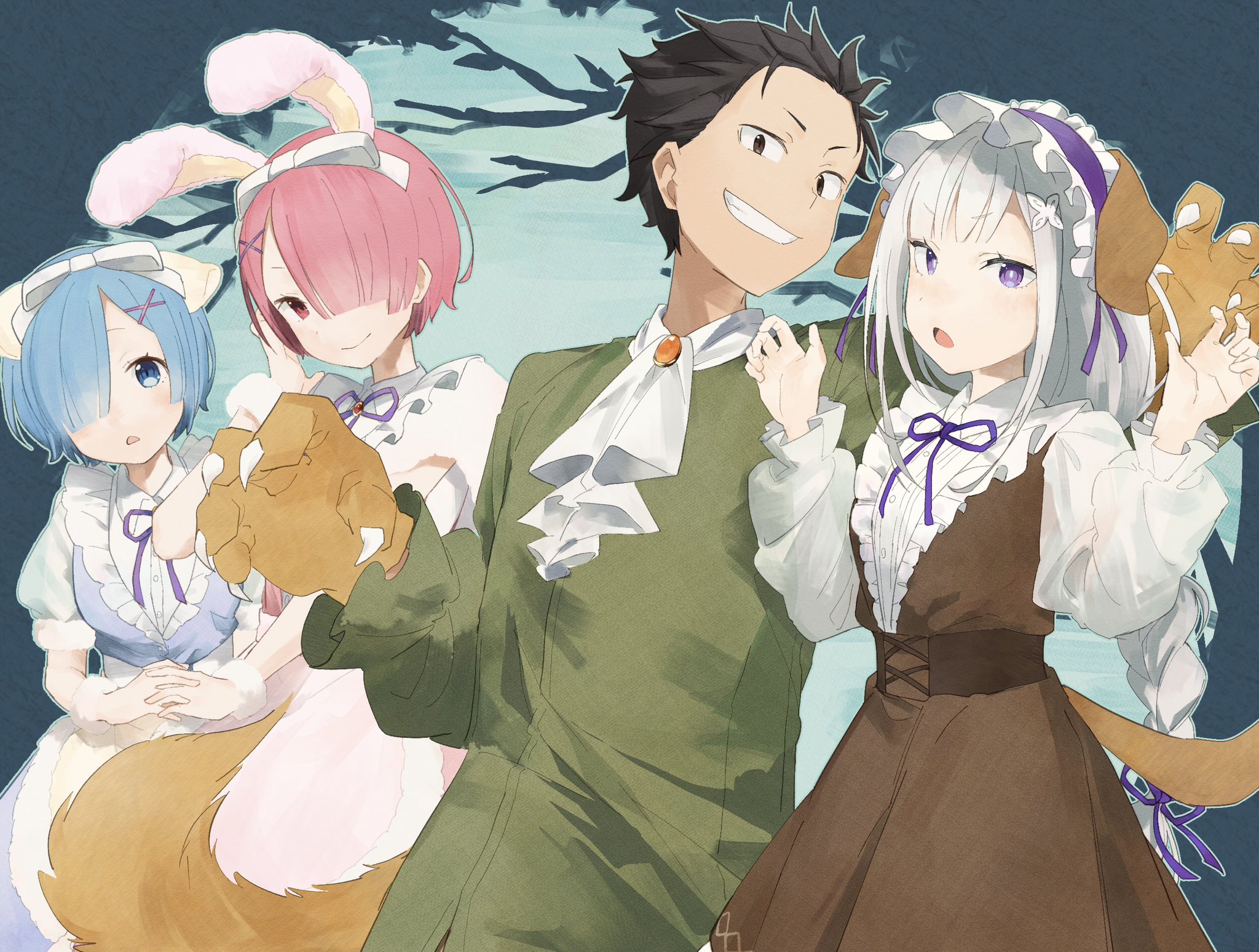 8 humi, emilia (re:zero), natsuki subaru, ram (re:zero), rem (re:zero), re:zero kara hajimeru isekai seikatsu, highres, 1boy, 3girls, alternate costume, animal ears, animal hands, black hair, blue eyes, blue hair, braid, dog ears, dog tail, dress, fake animal ears, gloves, grey hair, grin, hair ornament, hair over one eye, long hair, long sleeves, looking at viewer, maid, multiple girls, open mouth, own hands together, paw gloves, pink eyes, pink hair, purple eyes, purple ribbon, rabbit ears, ribbon, short hair, siblings, sisters, smile, tail, twins, x hair ornament
