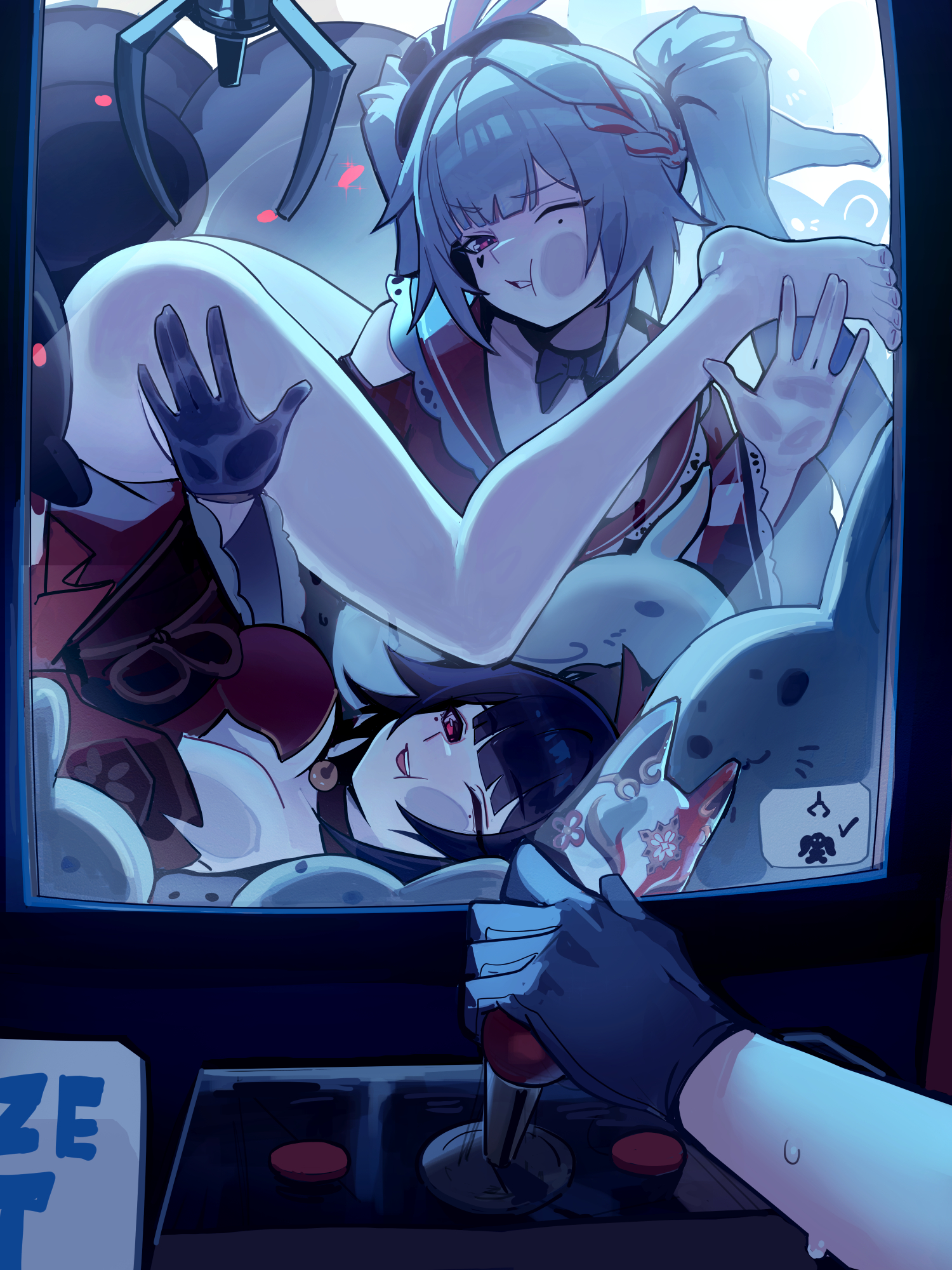 distr, sparkle (honkai: star rail), sparxie (honkai: star rail), stelle (honkai: star rail), trailblazer (honkai: star rail), honkai: star rail, honkai (series), alt text, commentary, english commentary, highres, paid reward available, 3girls, against glass, ass, barefoot, black gloves, black hair, breasts, controller, crane game, dress, dual persona, feet, fox mask, gloves, holding, holding controller, in crane game, japanese clothes, large breasts, long hair, mask, multiple girls, one eye closed, purple eyes, red dress, stuck, stuffed animal, stuffed toy, toes, twintails, very long hair, white hair