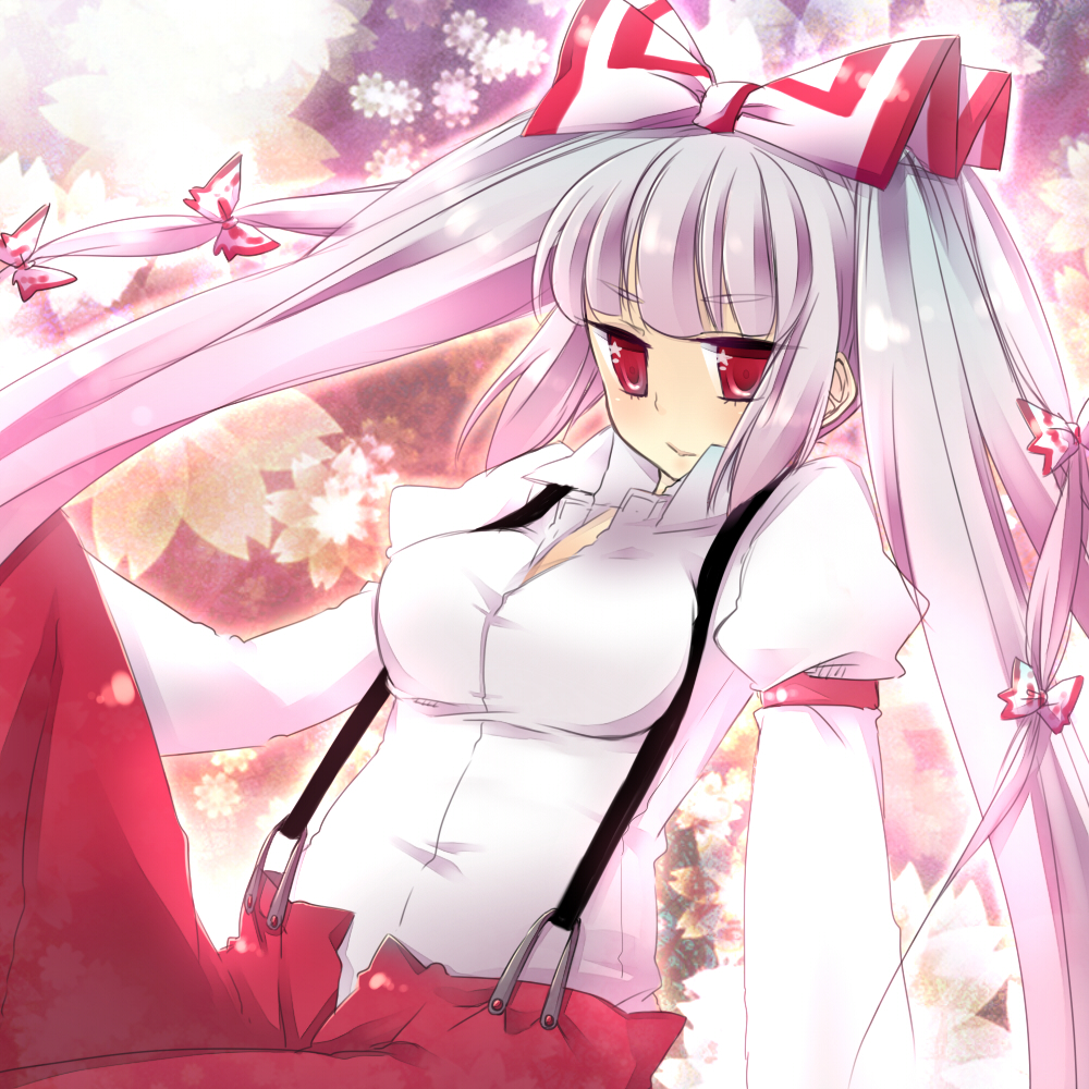 iwashita (nukopo), fujiwara no mokou, touhou, silver hair, bad id, bad pixiv id, 1girl, arm garter, blunt bangs, bow, breasts, dress shirt, female focus, hair bow, impossible clothes, impossible shirt, large breasts, long hair, multiple hair bows, pants, puffy sleeves, red eyes, shirt, sitting, solo, star (symbol), straight hair, suspenders, symbol-shaped pupils, unzipped, very long hair