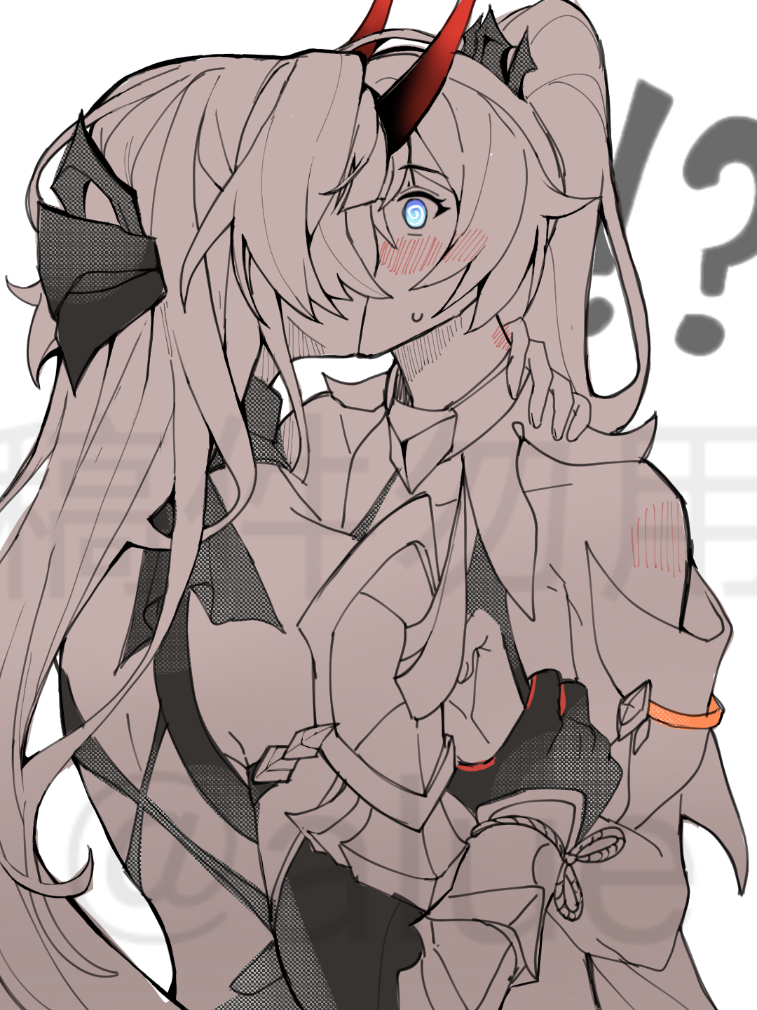 alue hai, kiana kaslana, kiana kaslana (herrscher of flamescion), raiden mei, raiden mei (herrscher of thunder), honkai (series), honkai impact 3rd, chinese commentary, commission, highres, !?, 2girls, @ @, alternate costume, bare shoulders, blue eyes, blunt bangs, blush, collarbone, couple, faceless, faceless female, gloves, hair ornament, hand on another's neck, high ponytail, holding another's wrist, horns, imminent kiss, leaning forward, lipstick mark, lipstick mark on neck, long hair, monochrome, multiple girls, partially colored, ponytail, red horns, standing, surprised, sweatdrop, upper body, watermark, wide-eyed, yuri