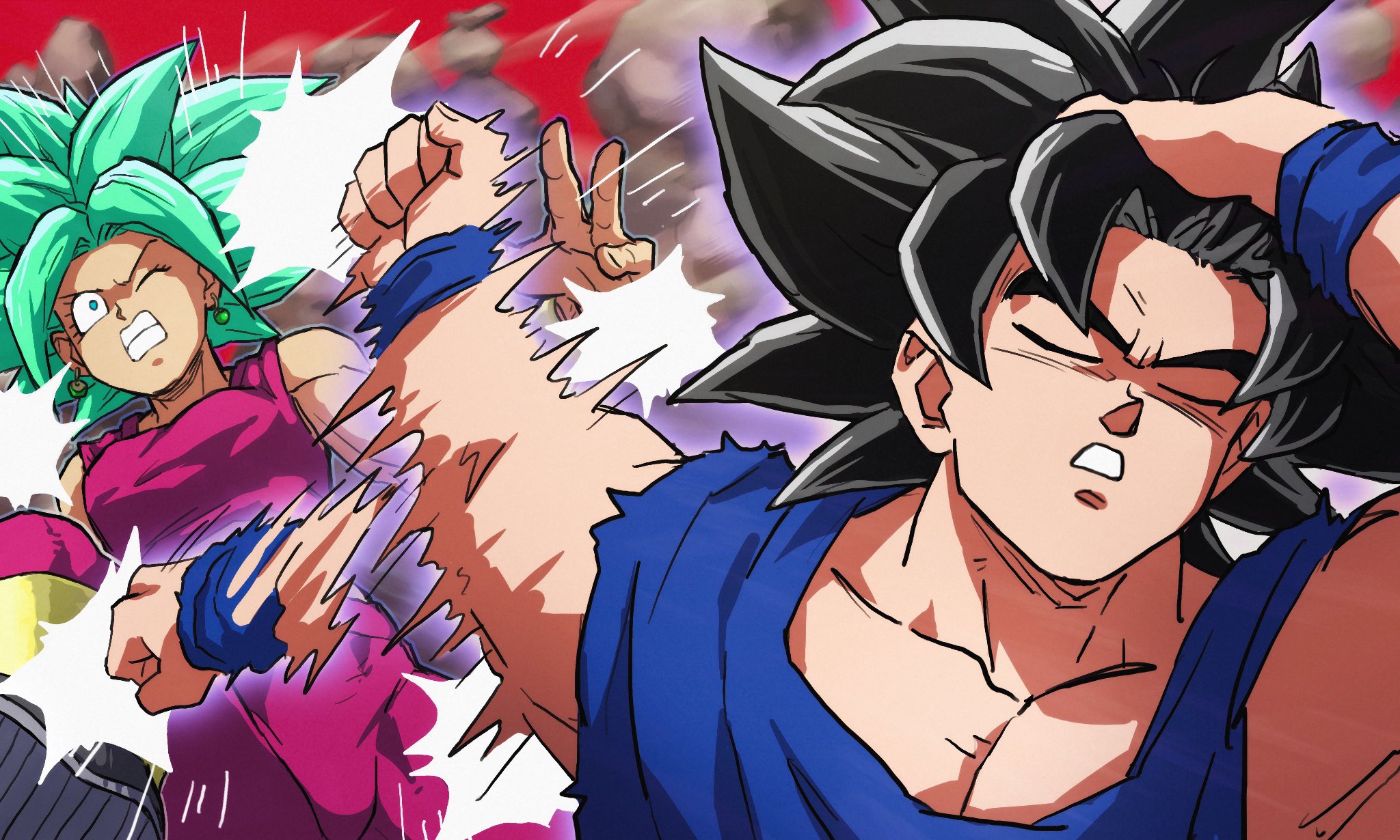 xdaze, kefla (dragon ball), son goku, dragon ball, dragon ball super, highres, 1boy, 1girl, adjusting hair, afterimage, aura, black hair, closed eyes, earrings, fighting, green hair, hair slicked back, hand in own hair, hand on own head, hitting, jewelry, meme, naoya hitting choso without looking (meme), parody, potara earrings, punching, rapid punches, scene reference, smear frame, spiked hair, ultra instinct