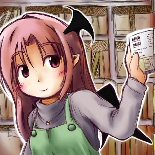 kotatsu2360, koakuma, embodiment of scarlet devil, touhou, 1girl, apron, barcode, blush, book, bookshelf, bookstore, female focus, head wings, holding, jewelry, library, light smile, long hair, long sleeves, necklace, pointy ears, red eyes, red hair, shop, smile, solo, turtleneck, wings