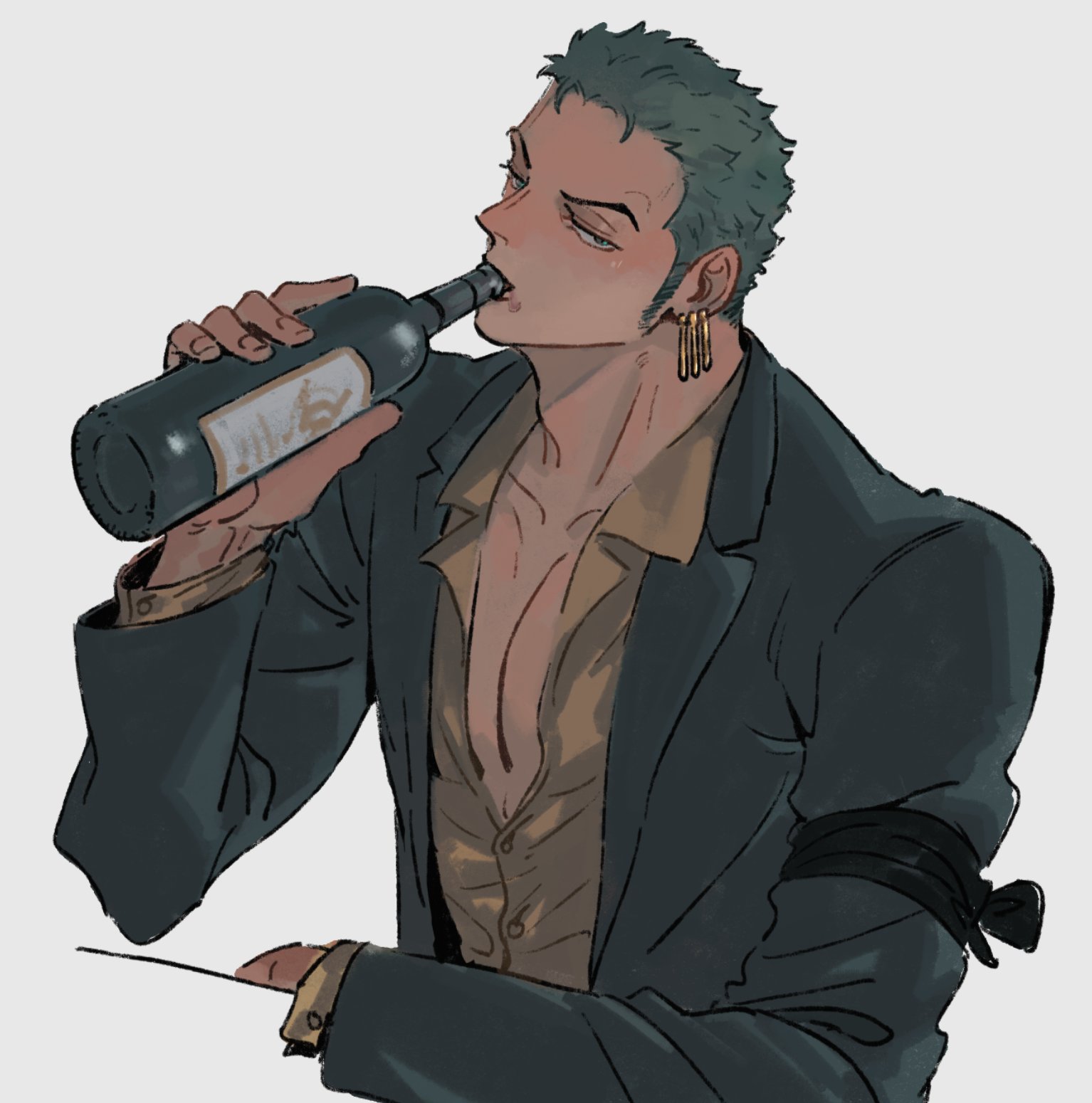 mcbuckwheat, roronoa zoro, one piece, commentary, highres, symbol-only commentary, 1boy, bandana, bandana around arm, black bandana, bottle, collarbone, drinking, earrings, elbow rest, gold earrings, green hair, green jacket, holding, holding bottle, jacket, jewelry, looking at viewer, male focus, open clothes, open jacket, shirt, short hair, solo, upper body
