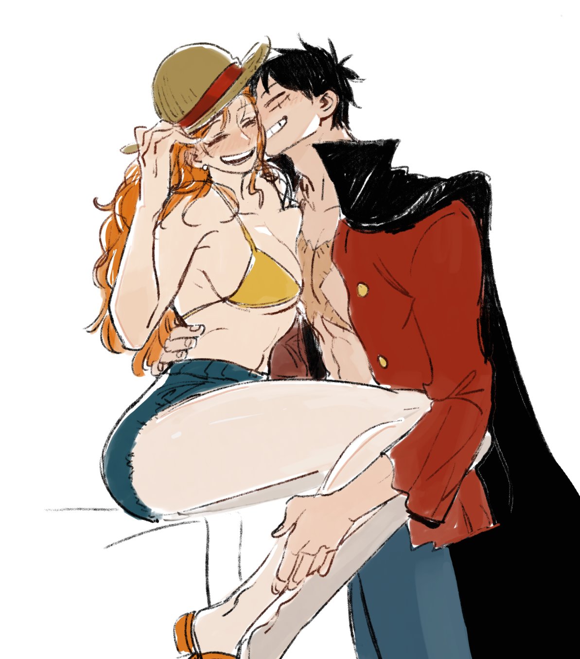 mcbuckwheat, monkey d. luffy, nami (one piece), one piece, commentary, highres, symbol-only commentary, 1boy, 1girl, bare legs, bare shoulders, bikini, bikini top only, black cape, black hair, blue shorts, blush, breasts, cape, cleavage, closed eyes, cross scar, earrings, facial scar, feet out of frame, grin, hand on another's leg, hand on another's waist, hand on headwear, happy, hat, heads together, jewelry, large breasts, legs, long hair, navel, open clothes, open mouth, open shirt, orange hair, pearl earrings, red shirt, scar, scar on cheek, scar on chest, scar on face, shirt, short hair, short shorts, shorts, sitting, smile, stomach, straw hat, swimsuit, thighs, wavy hair, white background, yellow bikini