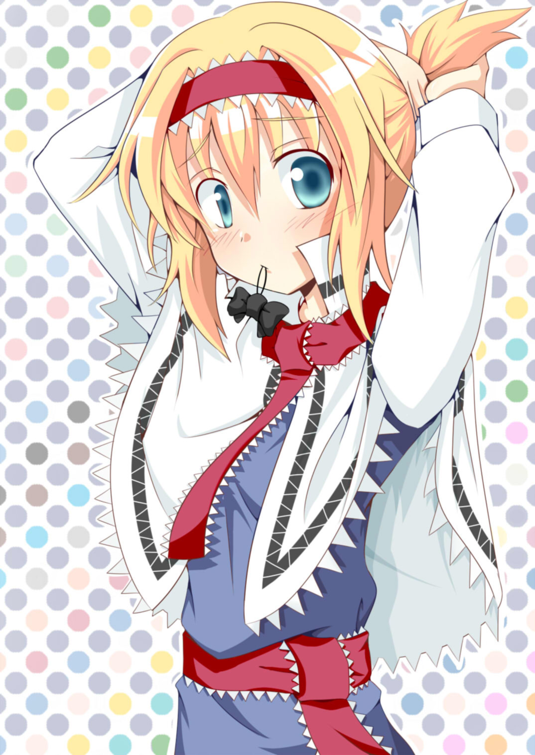 chata maru (irori sabou), alice margatroid, touhou, highres, 1girl, alternate hairstyle, blonde hair, blue eyes, capelet, female focus, hairband, hairdressing, mouth hold, polka dot, polka dot background, ponytail, solo, standing, white background
