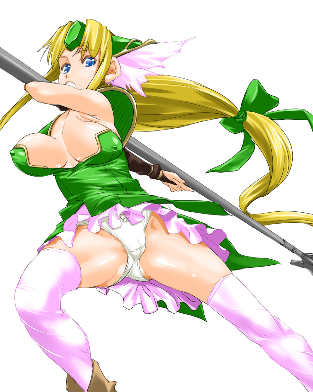 shinama, riesz, seiken densetsu, seiken densetsu 3, highres, 1girl, blonde hair, blue eyes, breasts, female focus, gloves, long hair, low-tied long hair, panties, pantyshot, polearm, simple background, skirt, solo, spear, underwear, weapon, white background