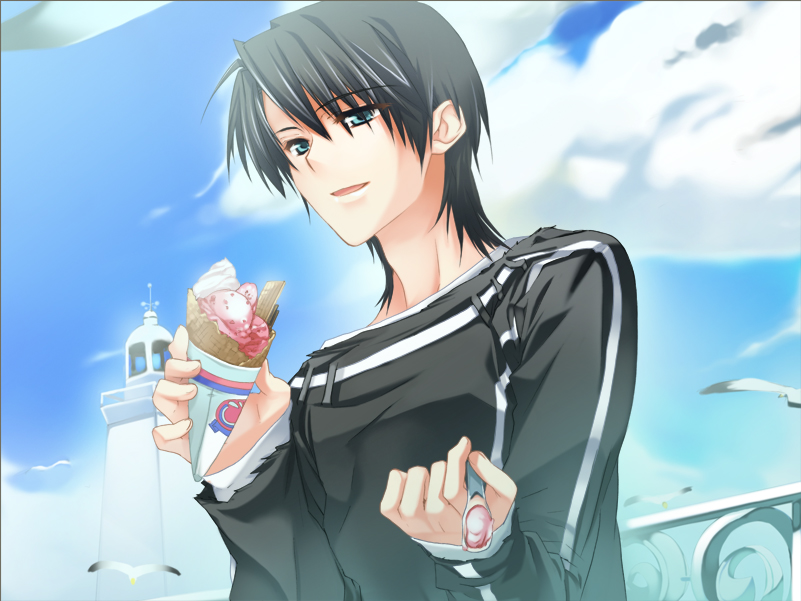 leni (under the moon), under the moon, 1boy, bird, feeding, food, ice cream, ice cream cone, incoming food, lighthouse, male focus, pov feeding, seagal, seagull, solo, spoon, standing