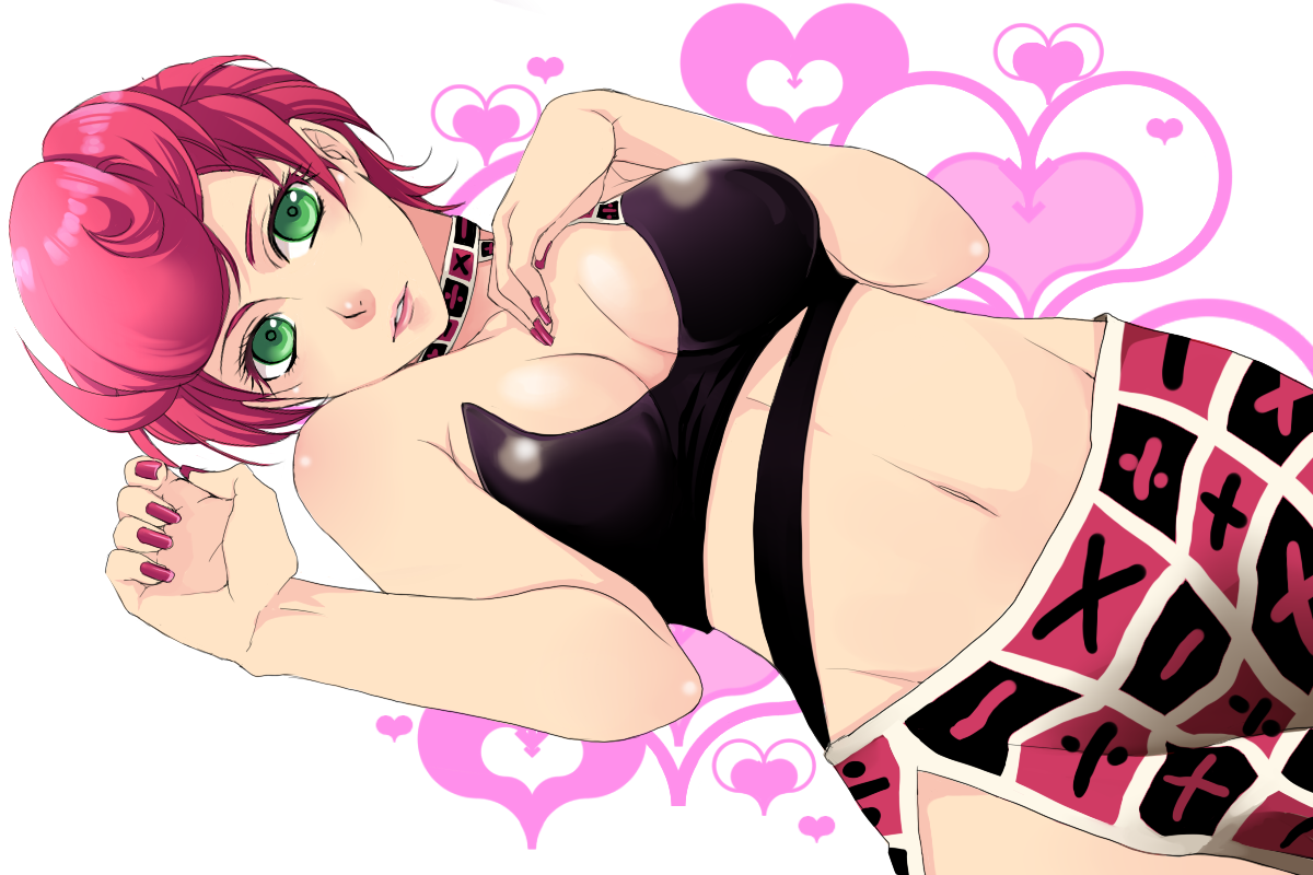 hanaichi (hana13), trish una, jojo no kimyou na bouken, vento aureo, 1girl, bare shoulders, breasts, choker, cleavage, female focus, fingernails, green eyes, groin, heart, long fingernails, lying, math, midriff, nail polish, navel, pink hair, pink nails, short hair, skirt, solo