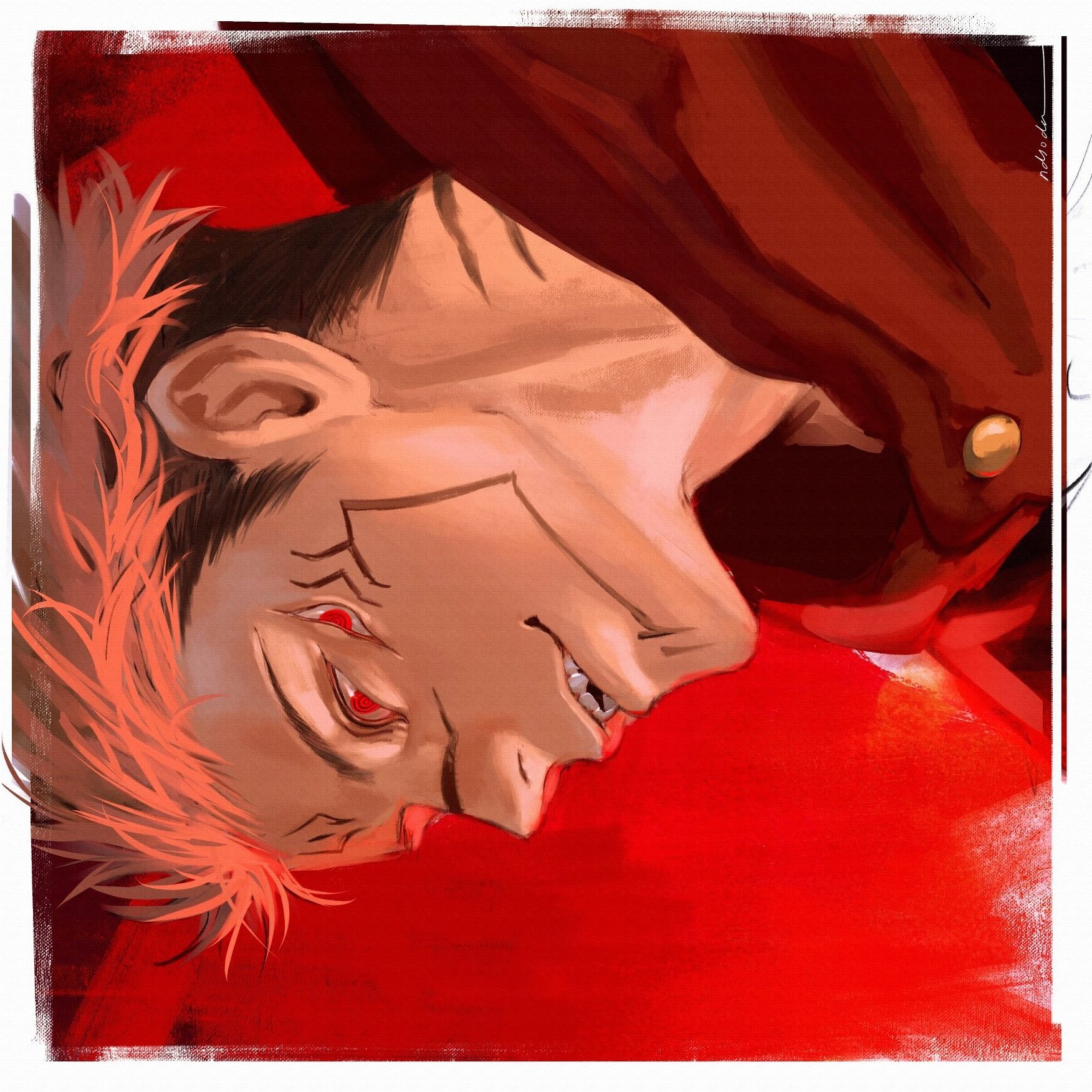 ndsoda, ryoumen sukuna (jujutsu kaisen), jujutsu kaisen, commentary, highres, 1boy, black hair, border, extra eyes, facial tattoo, four eyes, hood, hoodie, lips, male focus, nose, open mouth, pink hair, red hoodie, sideburns, solo, tattoo, teeth, two-tone background, undercut, white border