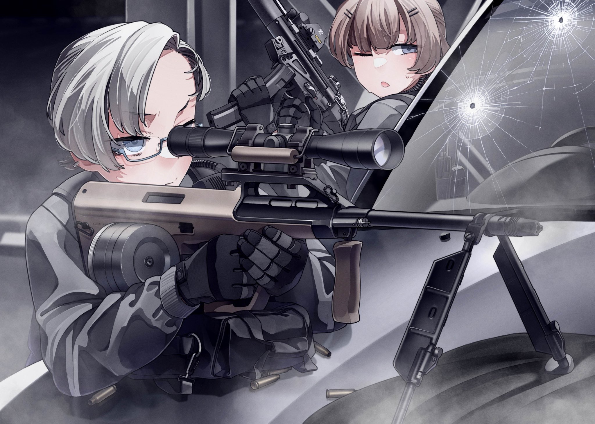 desert (deserteagle0321), original, commentary request, highres, 2girls, aiming, assault rifle, bipod, black gloves, blue eyes, brown hair, bullet hole, bullpup, closed mouth, drum magazine, gloves, grey eyes, grey jacket, gun, h&k mp5, holding, holding gun, holding weapon, jacket, magazine (weapon), multiple girls, one eye closed, rifle, scope, shell casing, short hair, steyr aug, submachine gun, weapon, white hair