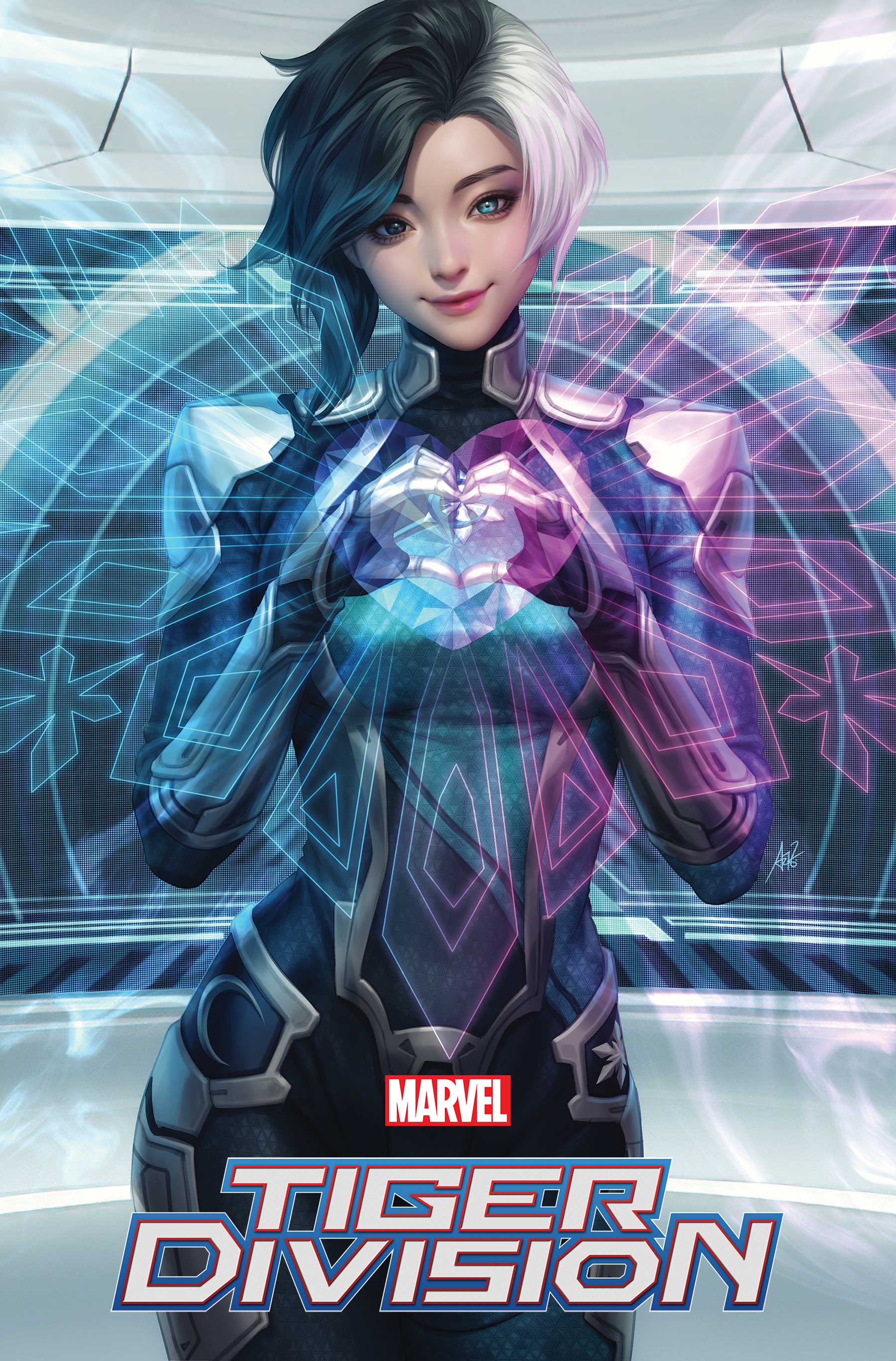stanley lau, luna snow, marvel, absurdres, comic cover, highres, official art, 1girl, arm guards, armor, black eyes, black hair, blue eyes, bodysuit, company name, copyright logo, copyright name, cover, cover page, english text, heart, heart hands, heterochromia, indoors, logo, looking at viewer, multicolored hair, pink lips, shoulder armor, smile, solo, split-color hair, standing, thigh armor, tiger division, white hair