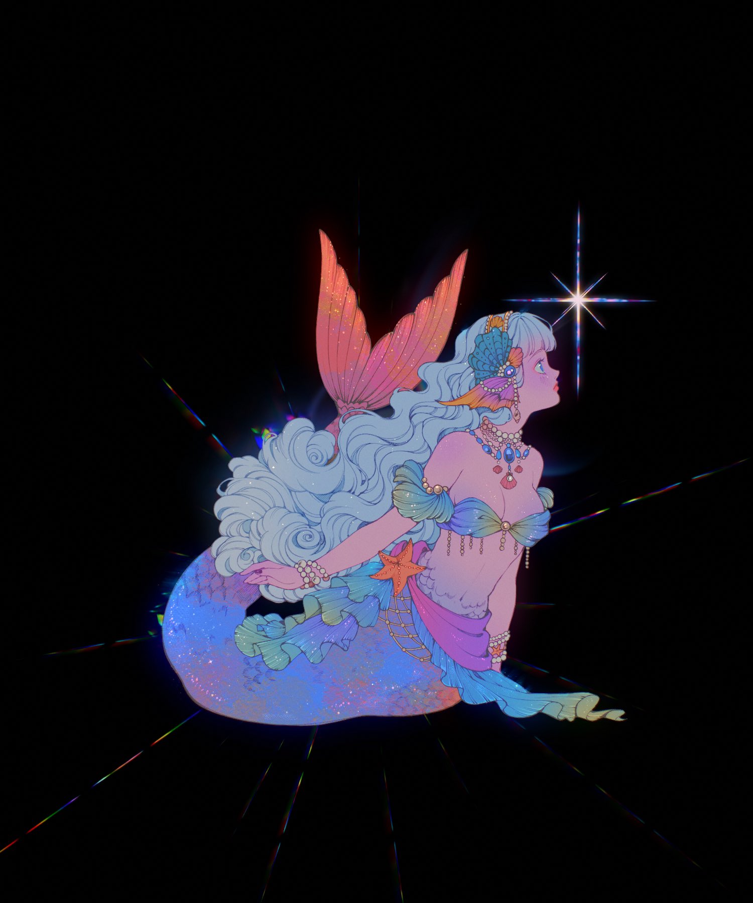 original, commentary, highres, 1girl, bare shoulders, bikini, black background, blue bikini, blue eyes, blue tail, blunt bangs, bracelet, breasts, cleavage, curly hair, fins, gradient tail, hair ornament, head fins, headband, inthestardust, jewelry, long hair, lying, medium breasts, mermaid, monster girl, nail polish, necklace, on side, pearl bracelet, pearl necklace, profile, purple nails, purple sarong, sarong, scales, solo, star (sky), starfish, swimsuit, white hair